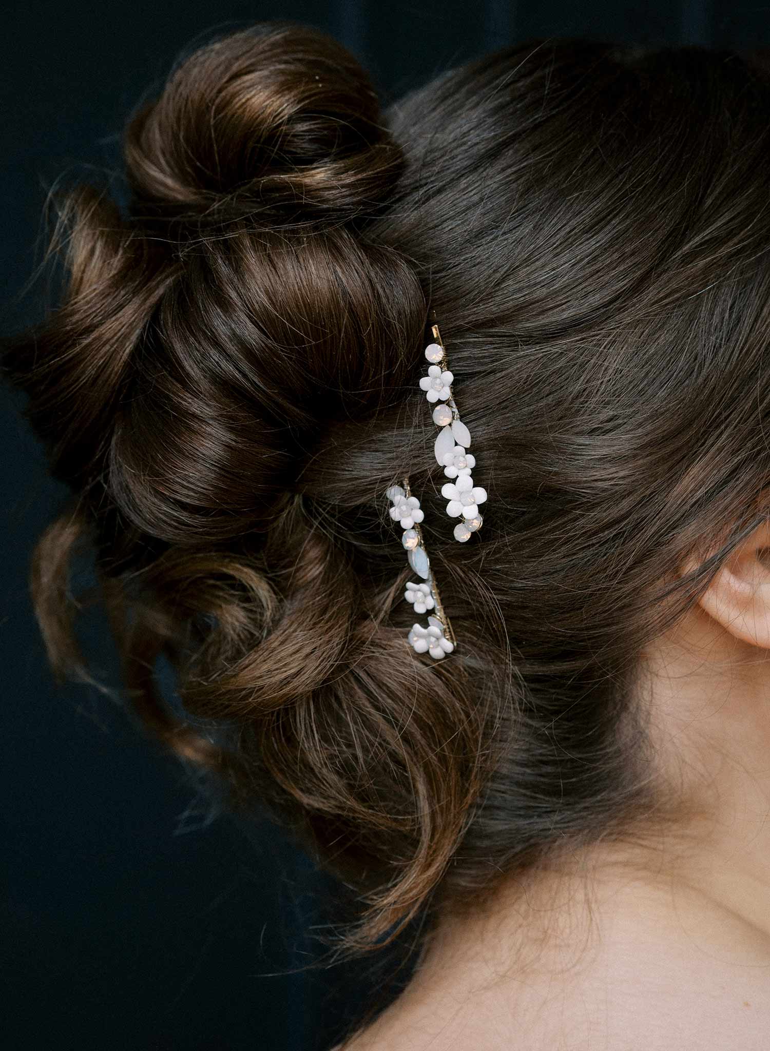 tiny porcelain blossom and opal crystal bridal bobby pins. Hair accessory by Twigs and Honey