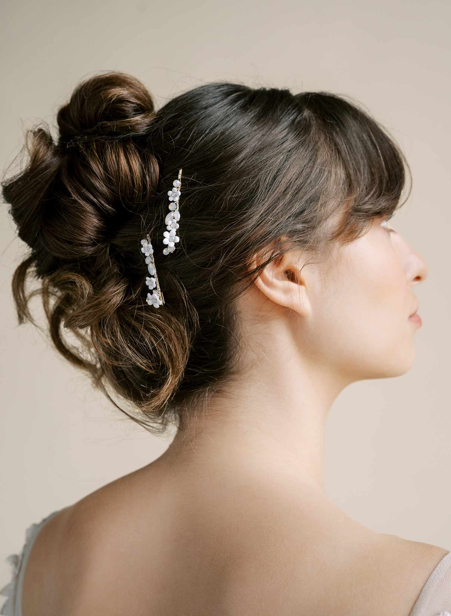 tiny porcelain blossom and opal crystal bridal bobby pins. Hair accessory by Twigs and Honey