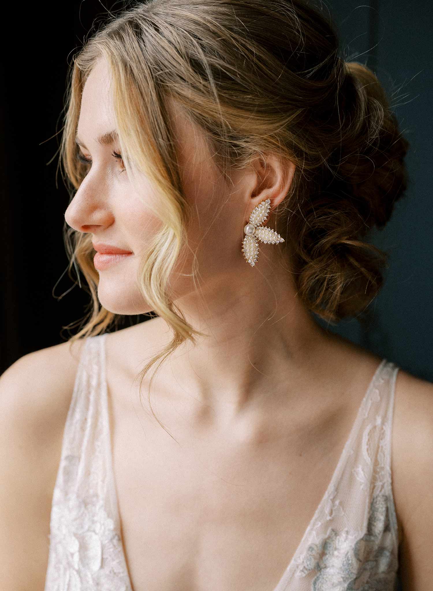 Modern and clean bridal petal earrings, enamel, crystals, post back style by Twigs and Honey