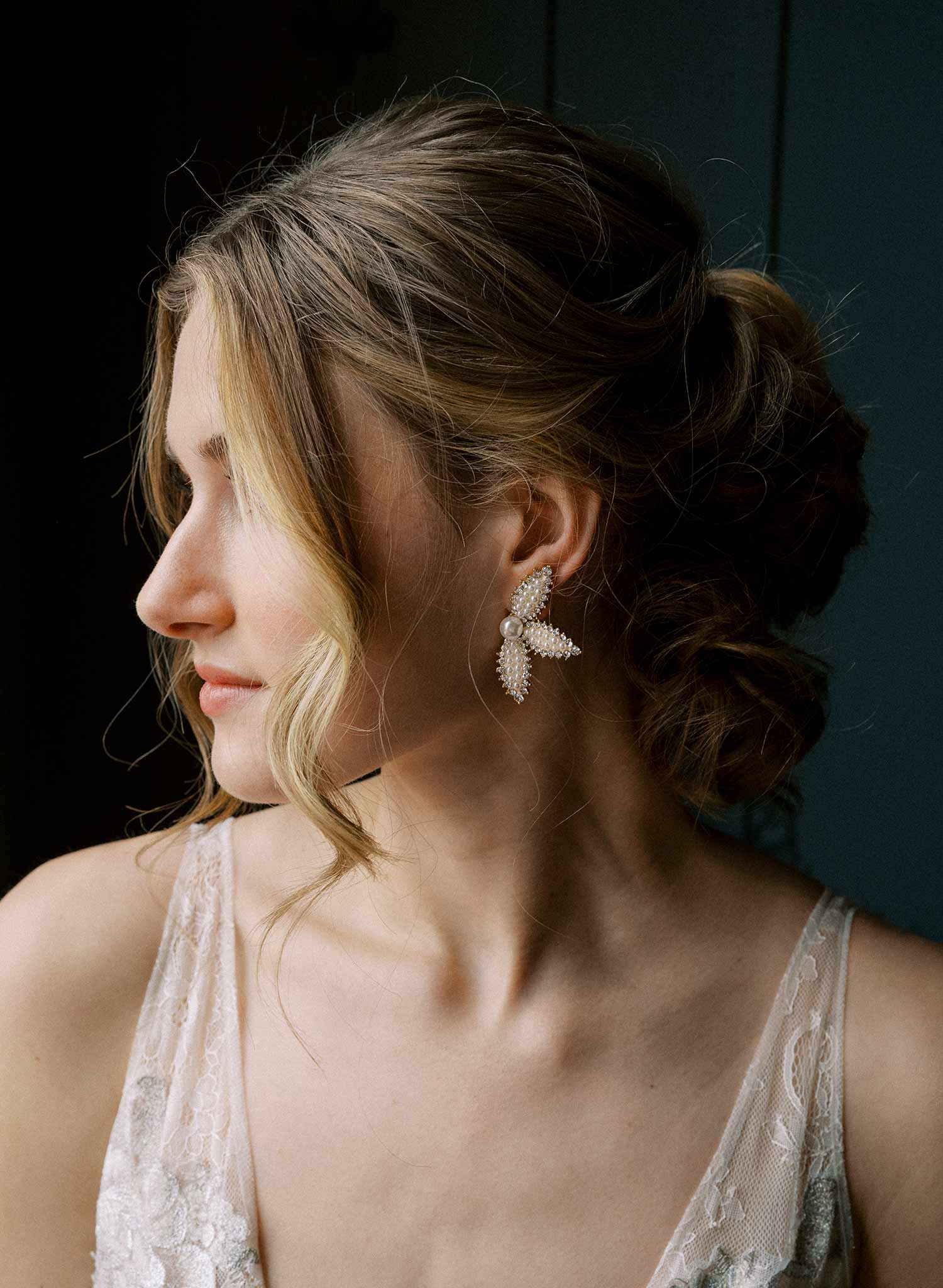 Modern and clean bridal petal earrings, enamel, crystals, post back style by Twigs and Honey