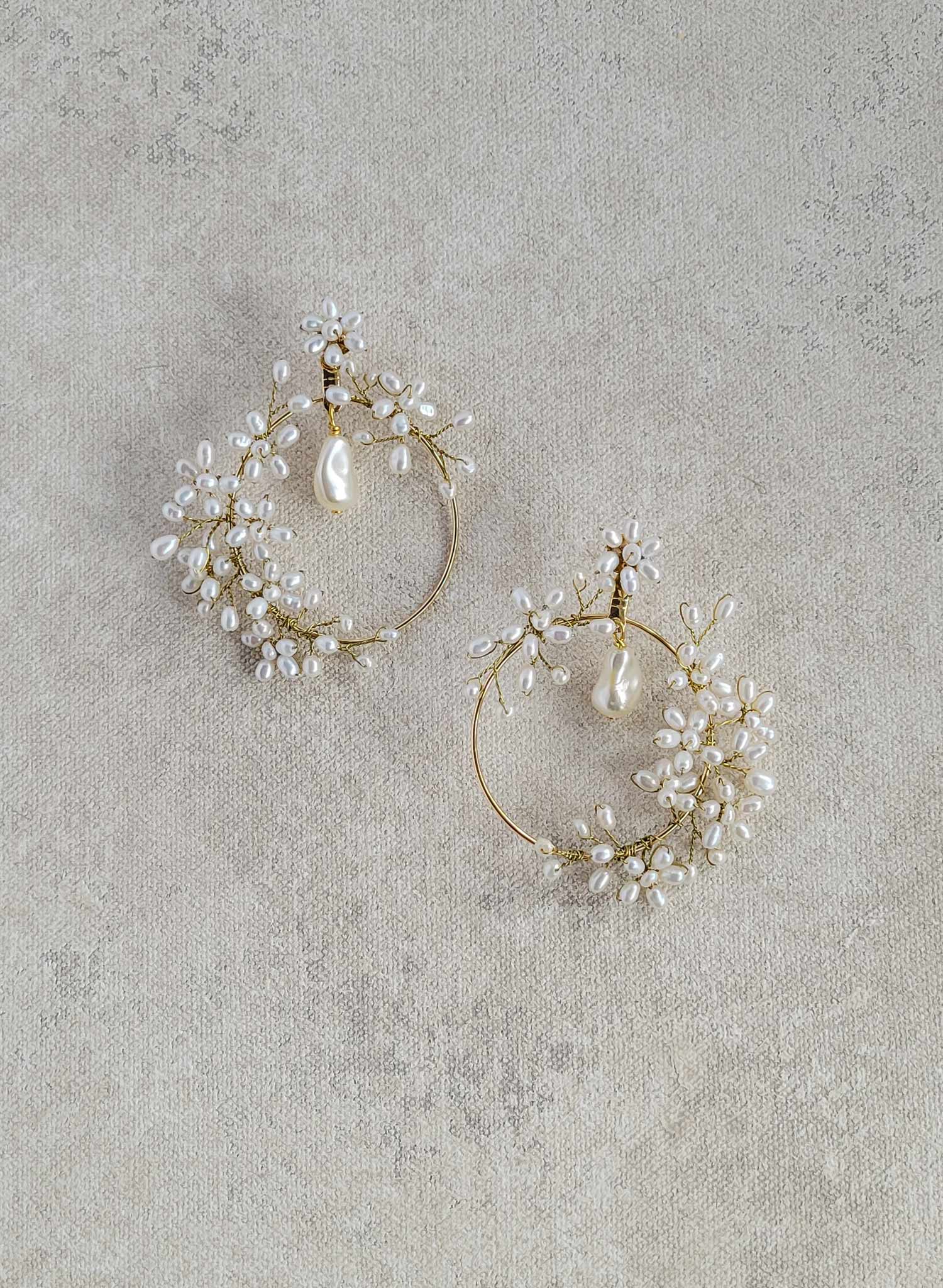 Freshwater pearl hoop earrings with drop baroque pearl bead. By Twigs & Honey