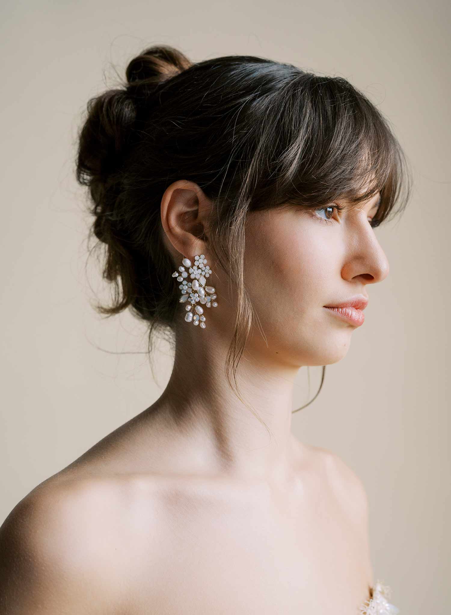 Freshwater pearl and crystal bridal clustered earrings, jewelry by Twigs and Honey