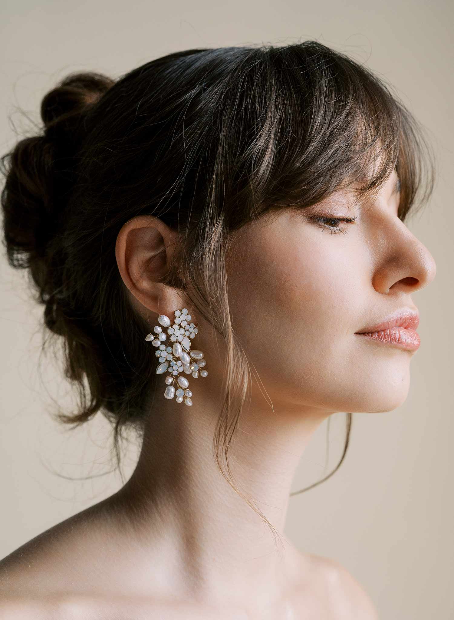 Freshwater pearl and crystal bridal clustered earrings, jewelry by Twigs and Honey