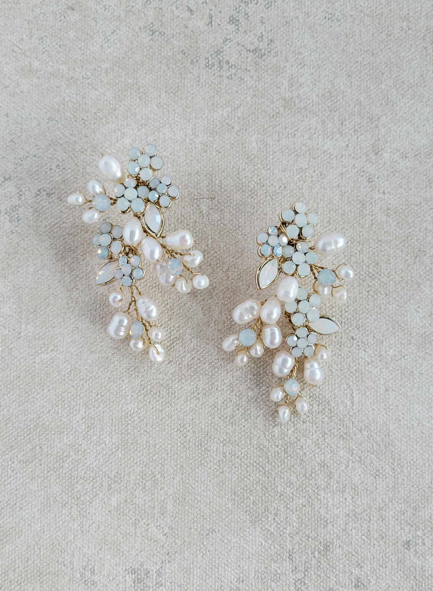 Freshwater pearl and crystal bridal clustered earrings, jewelry by Twigs and Honey