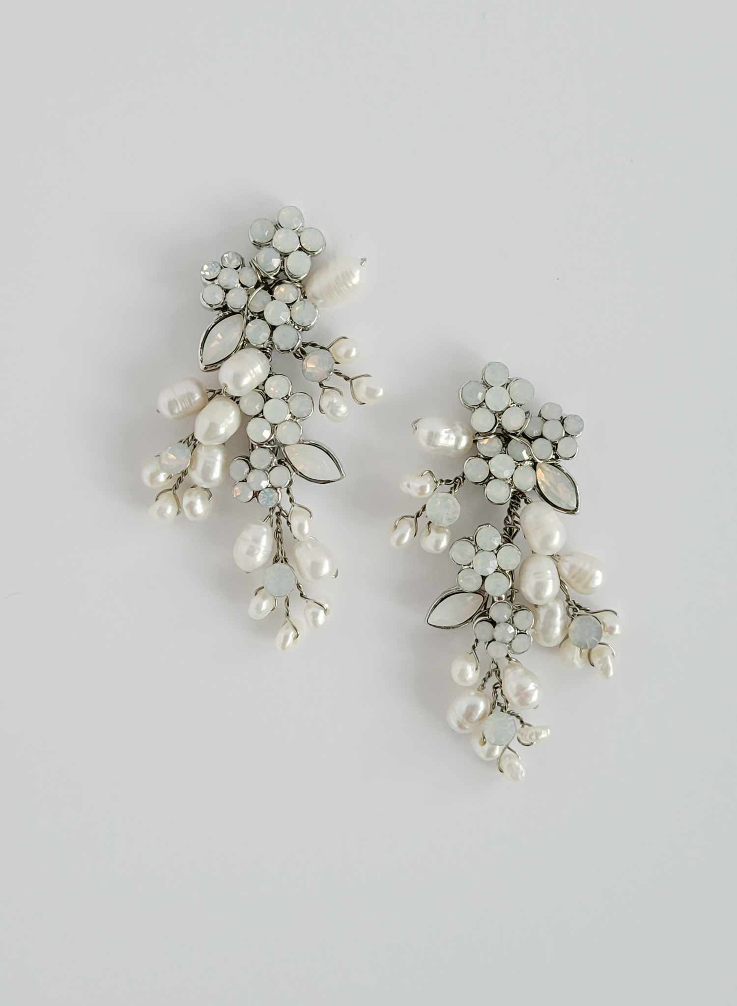 Freshwater pearl and crystal bridal clustered earrings, jewelry by Twigs and Honey