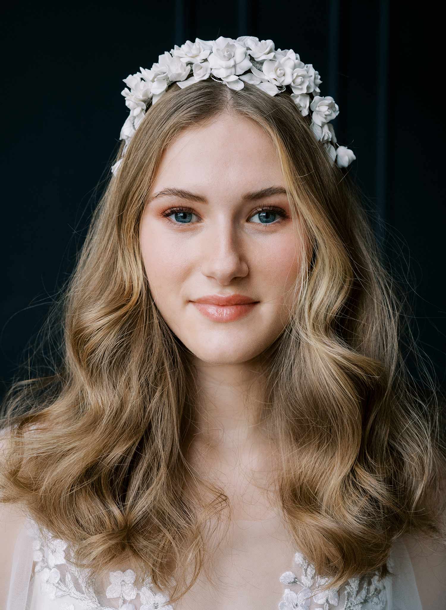 Clean white rosette clay flower bridal headband, crown, tiara. Handmade by Twigs and Honey