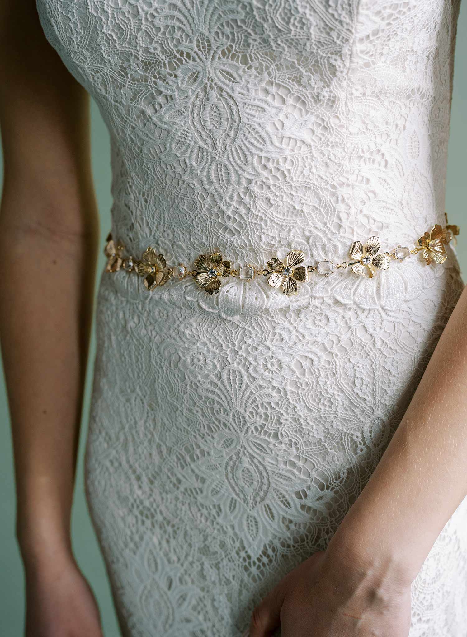 Gilded, shiny bridal flower and crystal sash, belt with silk ribbons. By Twigs and Honey