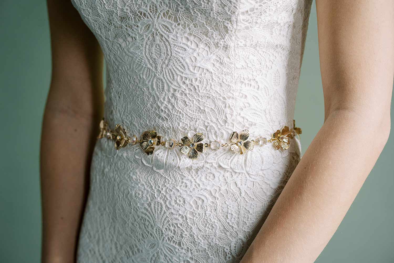 Gilded, shiny bridal flower and crystal sash, belt with silk ribbons. By Twigs and Honey