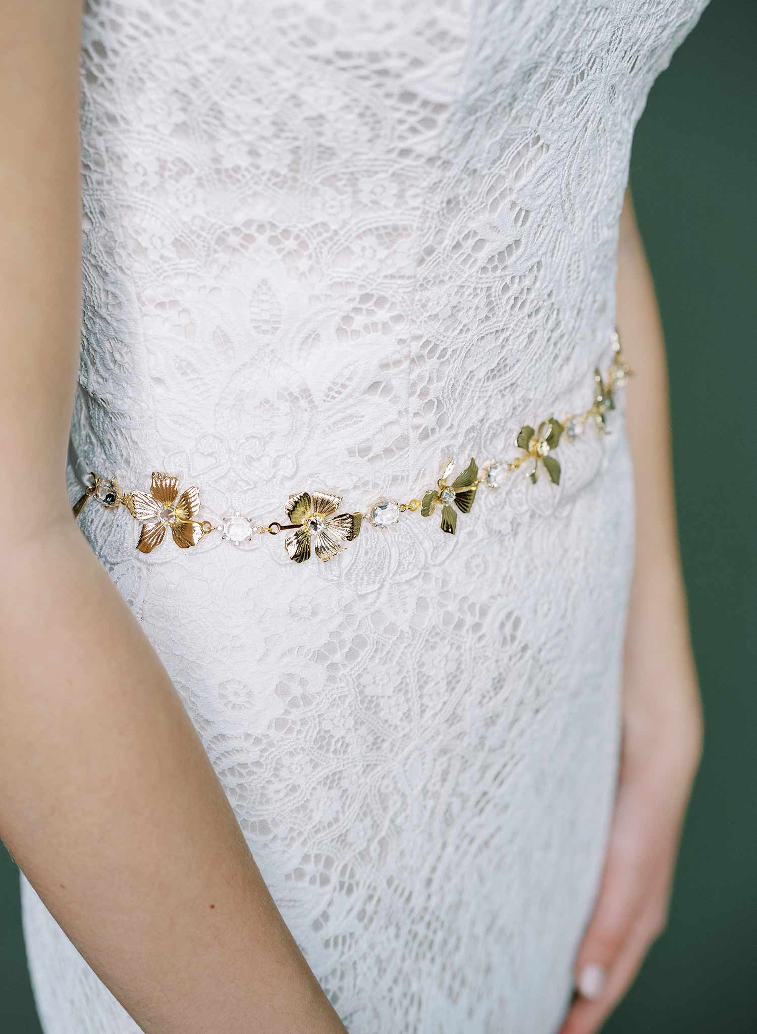 Gilded, shiny bridal flower and crystal sash, belt with silk ribbons. By Twigs and Honey