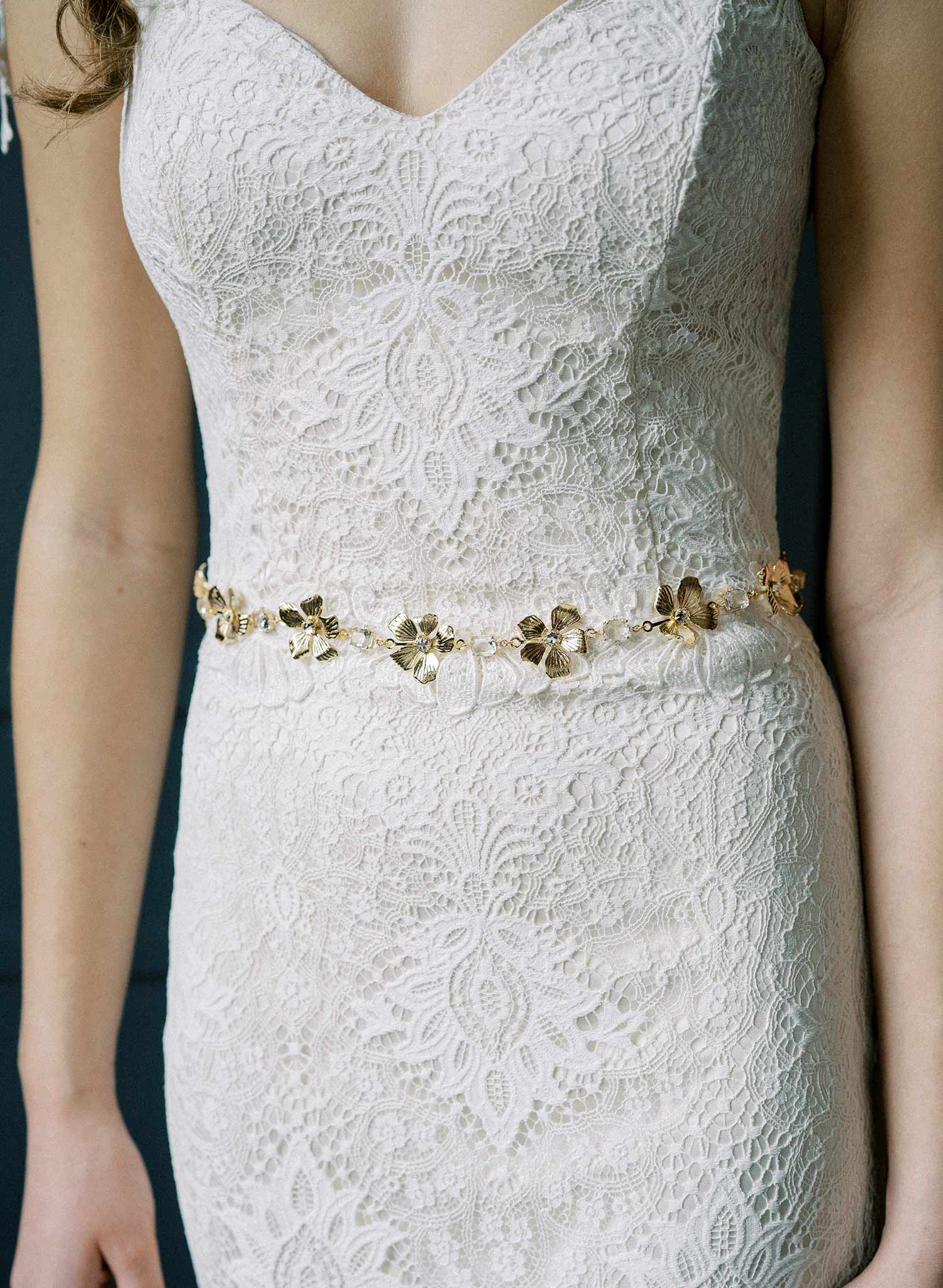 Gilded, shiny bridal flower and crystal sash, belt with silk ribbons. By Twigs and Honey