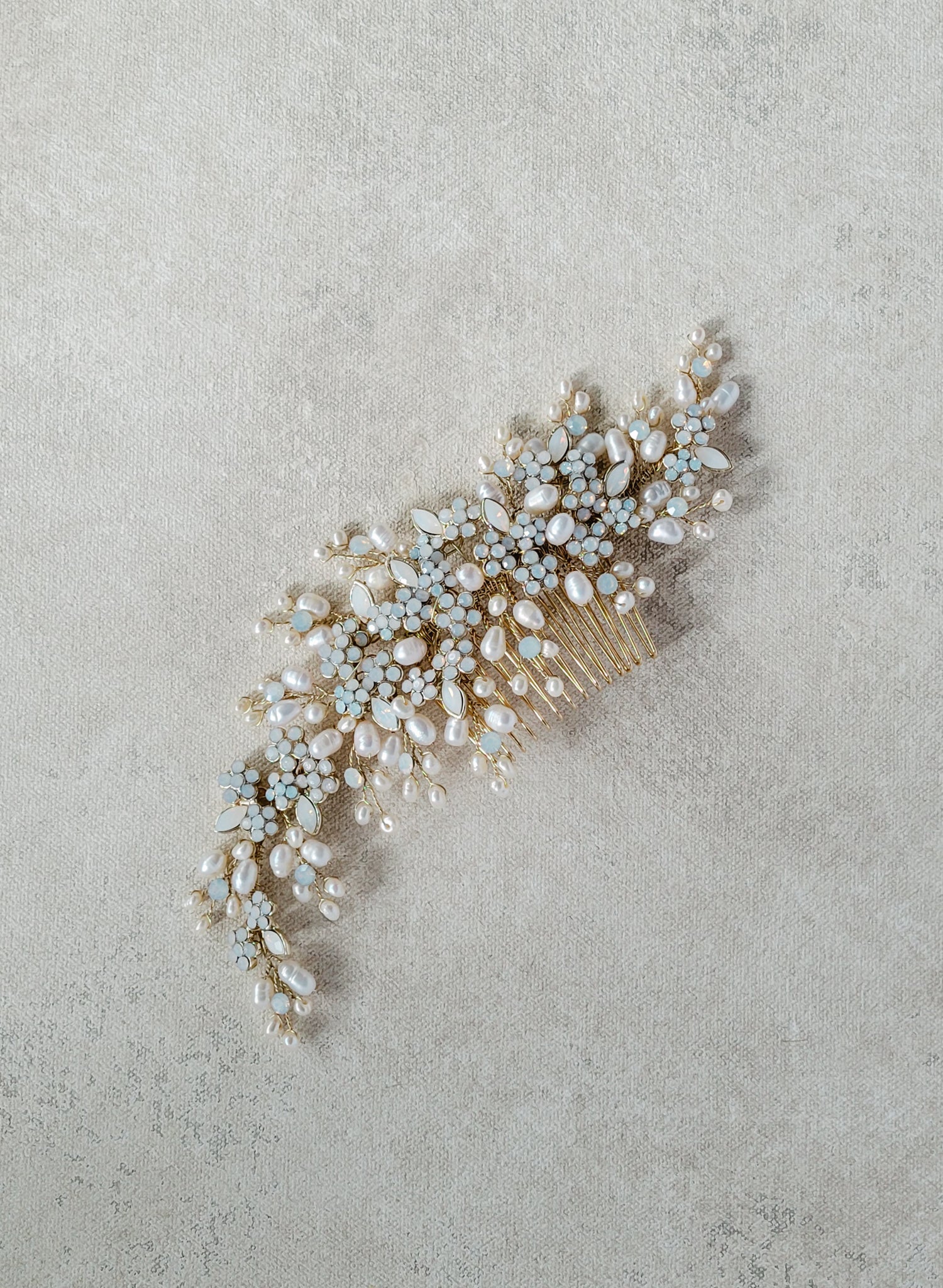 Freshwater pearl and opal crystal bridal spray comb. Wedding headpiece. By Twigs and Honey