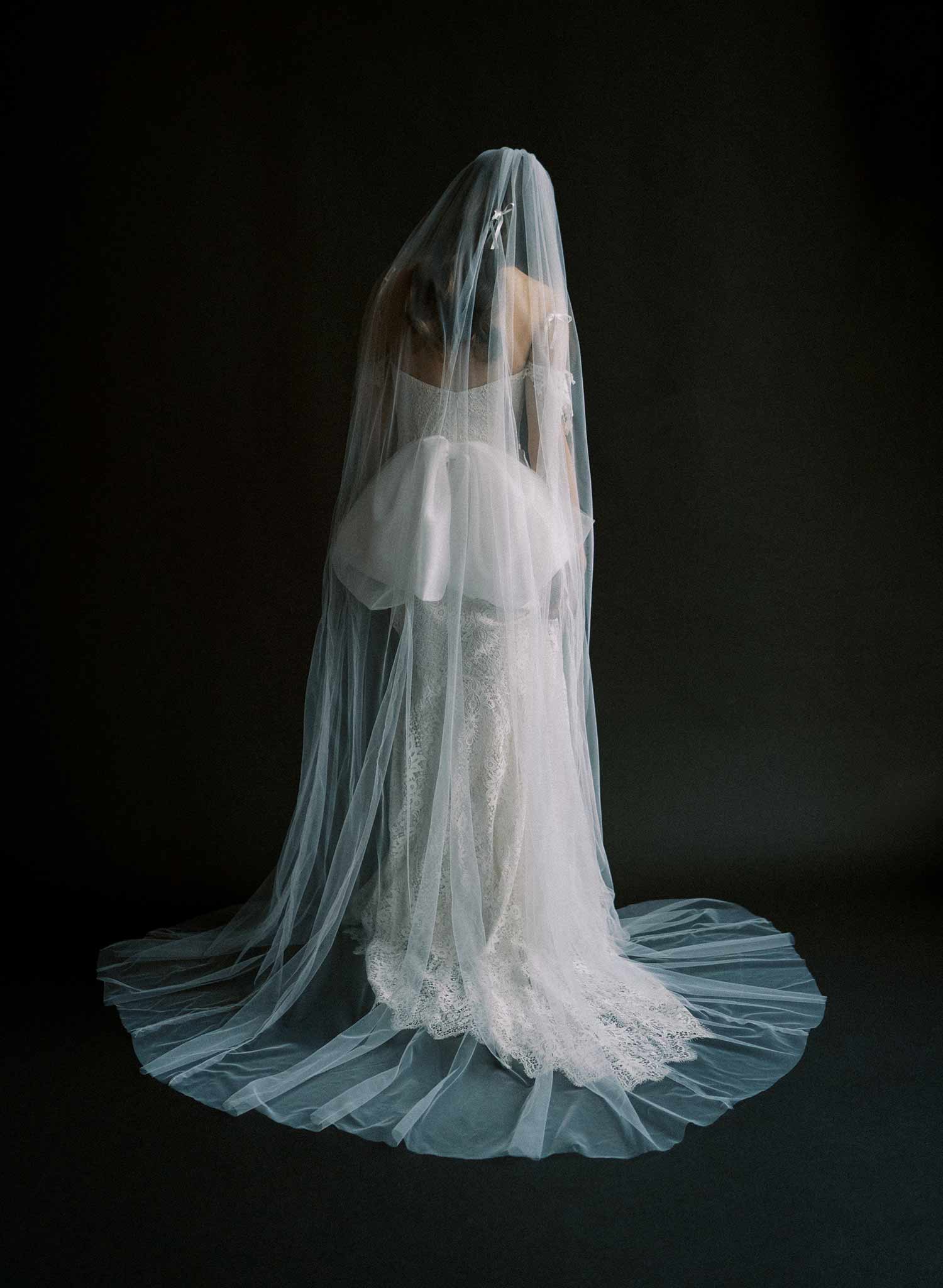 Extra wide bridal chapel length train veil made from soft tulle. By Twigs and Honey