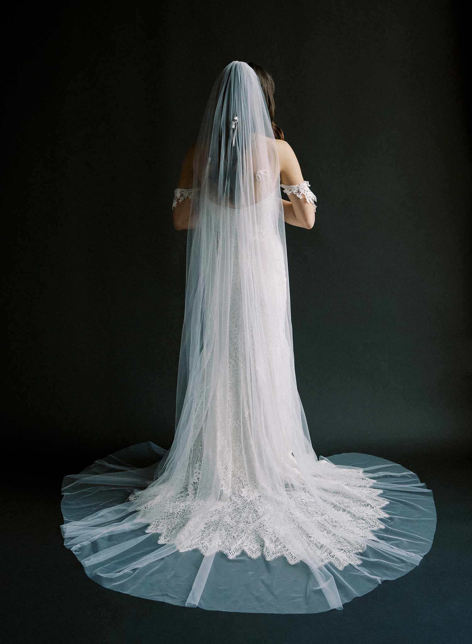 Extra wide bridal chapel length train veil made from soft tulle. By Twigs and Honey