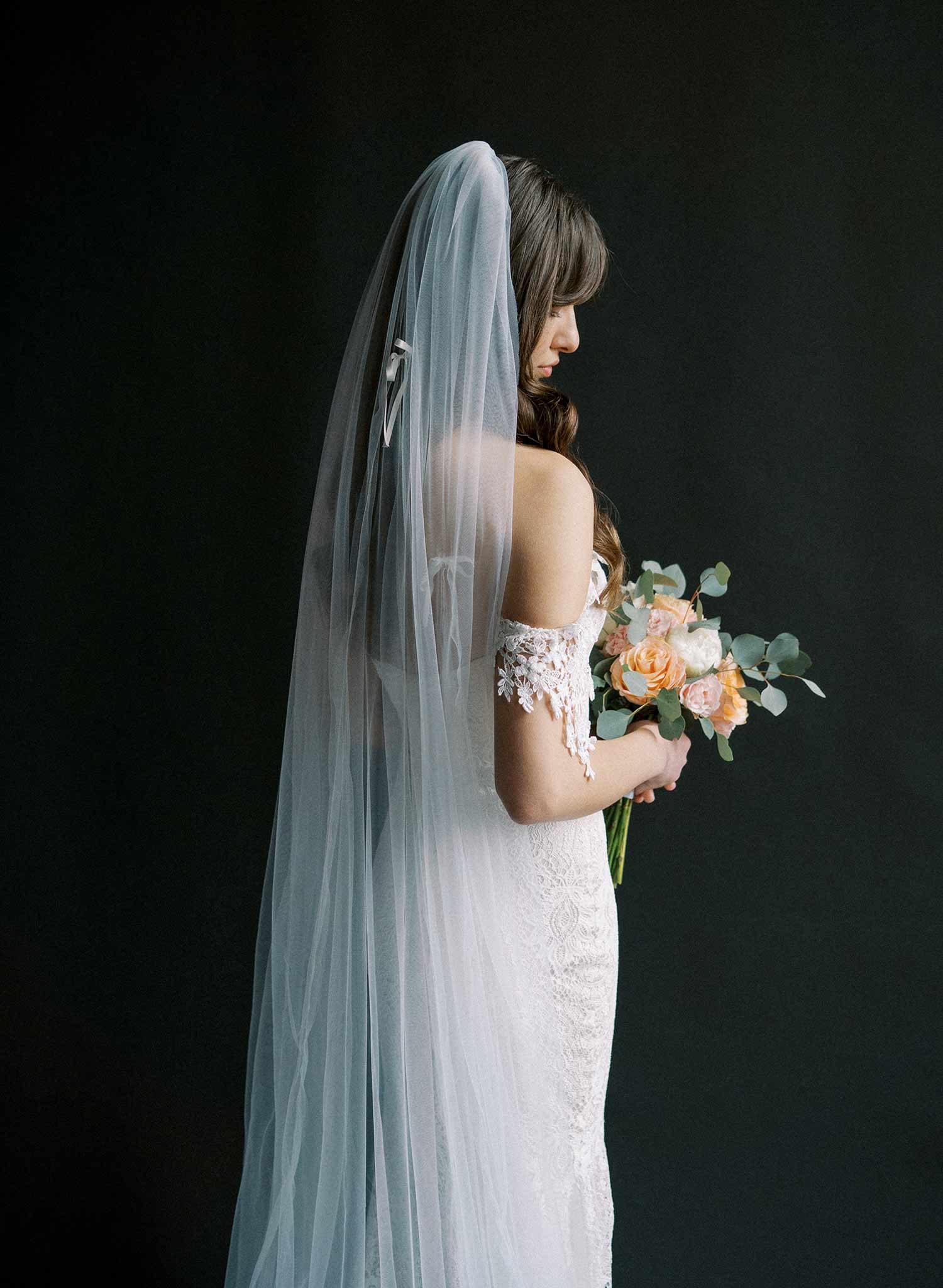 Extra wide bridal chapel length train veil made from soft tulle. By Twigs and Honey