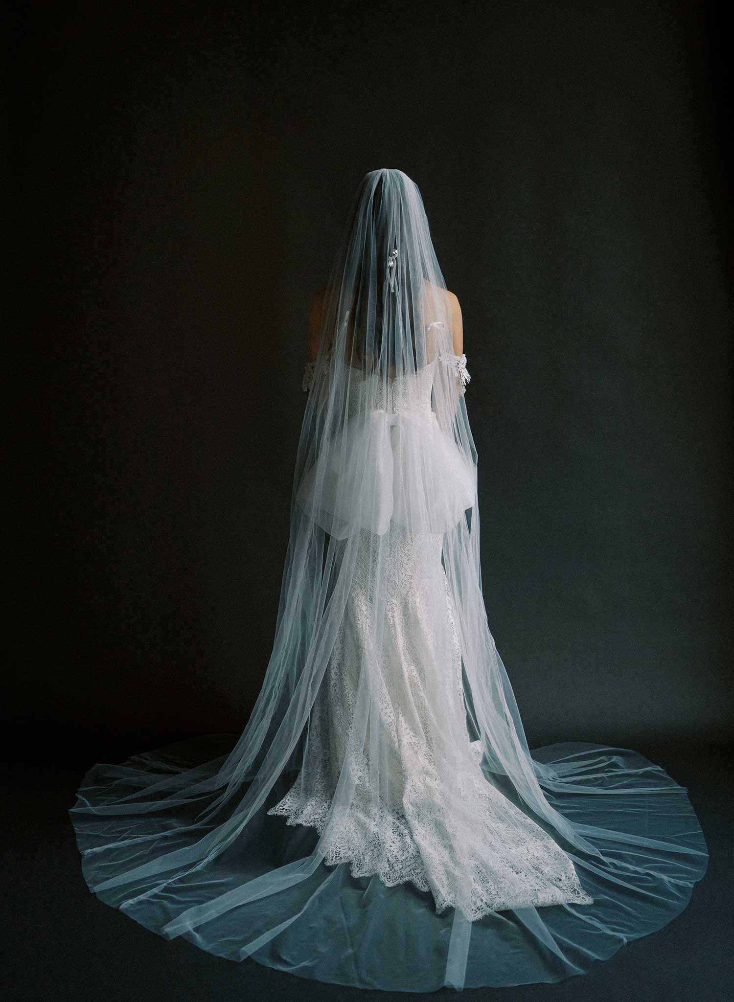 Extra wide bridal chapel length train veil made from soft tulle. By Twigs and Honey