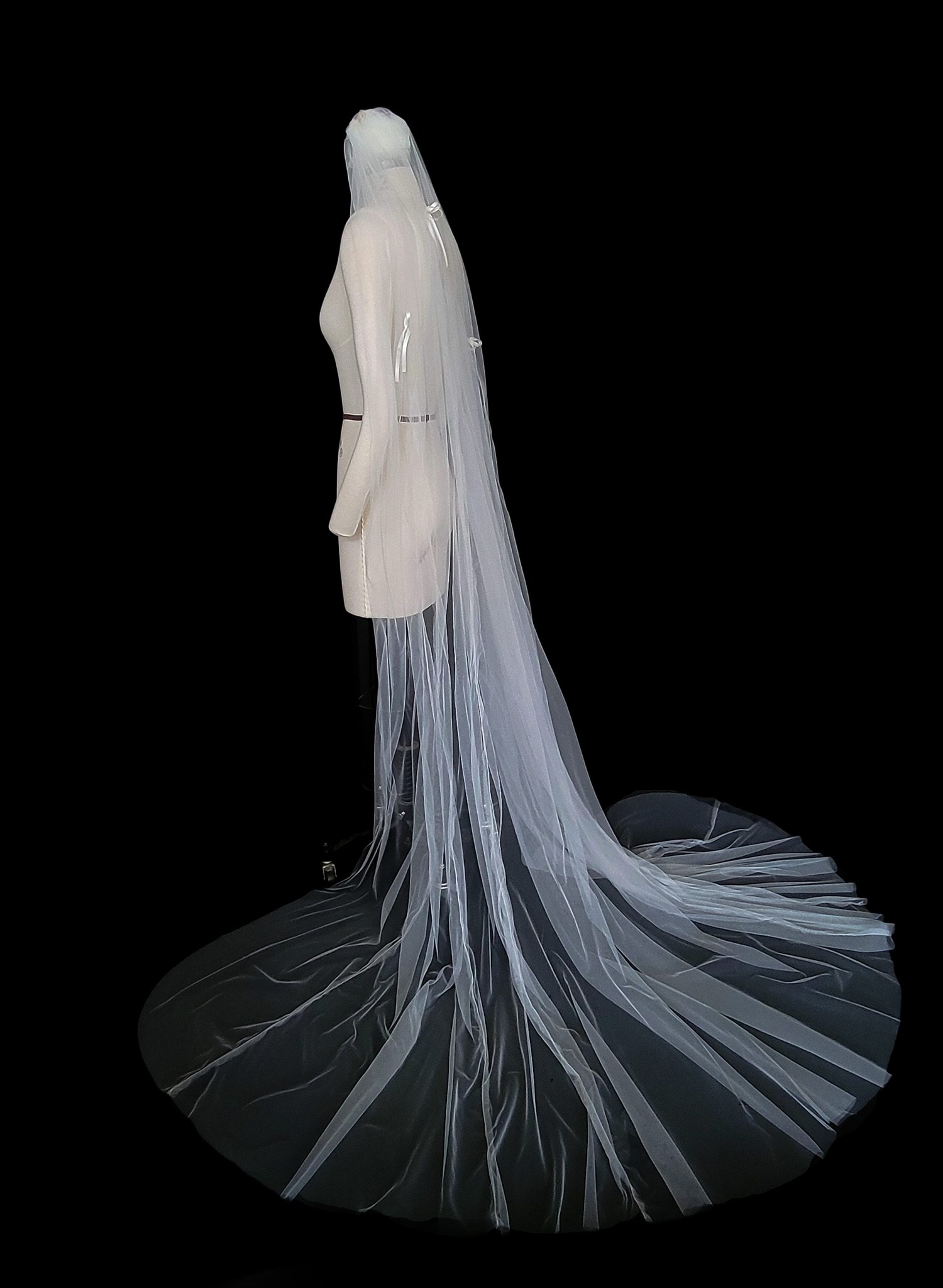 Extra wide bridal chapel length train veil made from soft tulle. By Twigs and Honey