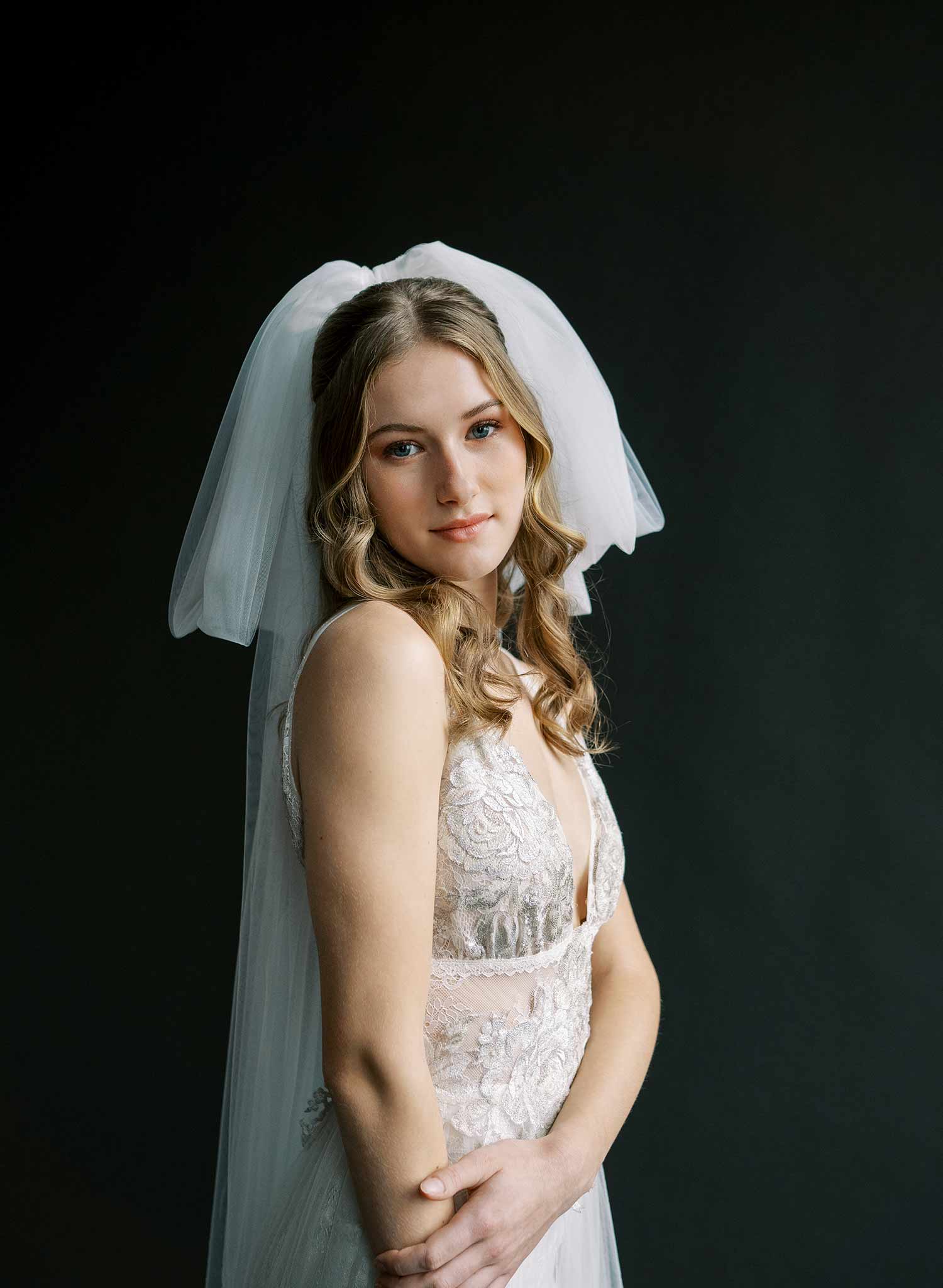 Handmade oversized tulle bow veil with chapel train, wedding and bridal. 