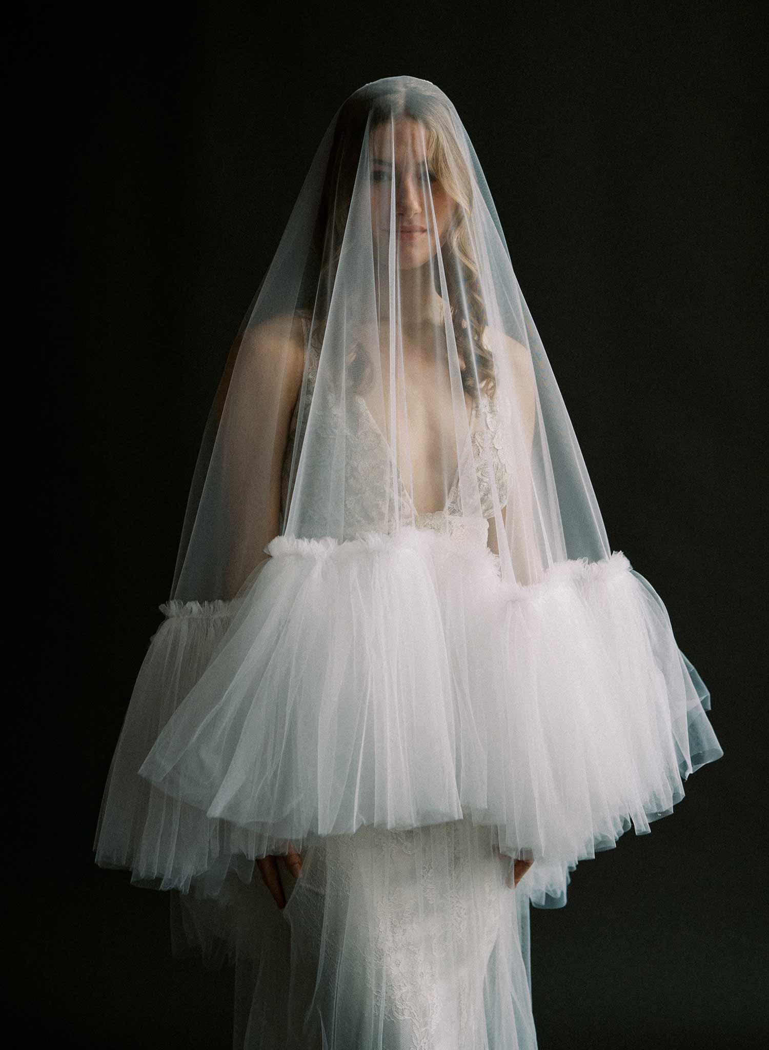 Luxurious, dramatic bridal veil with dense fringe edge, made from tulle and by Twigs and Honey