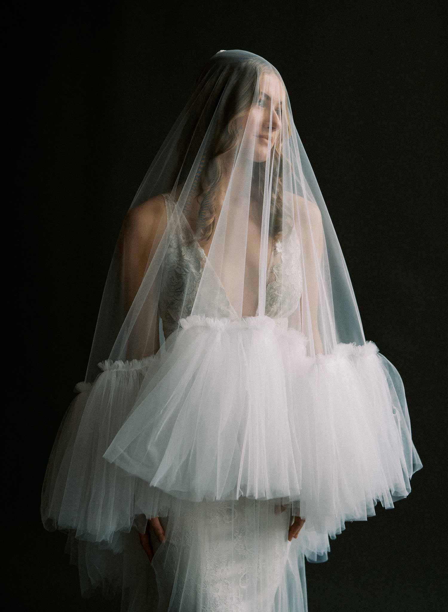 Luxurious, dramatic bridal veil with dense fringe edge, made from tulle and by Twigs and Honey