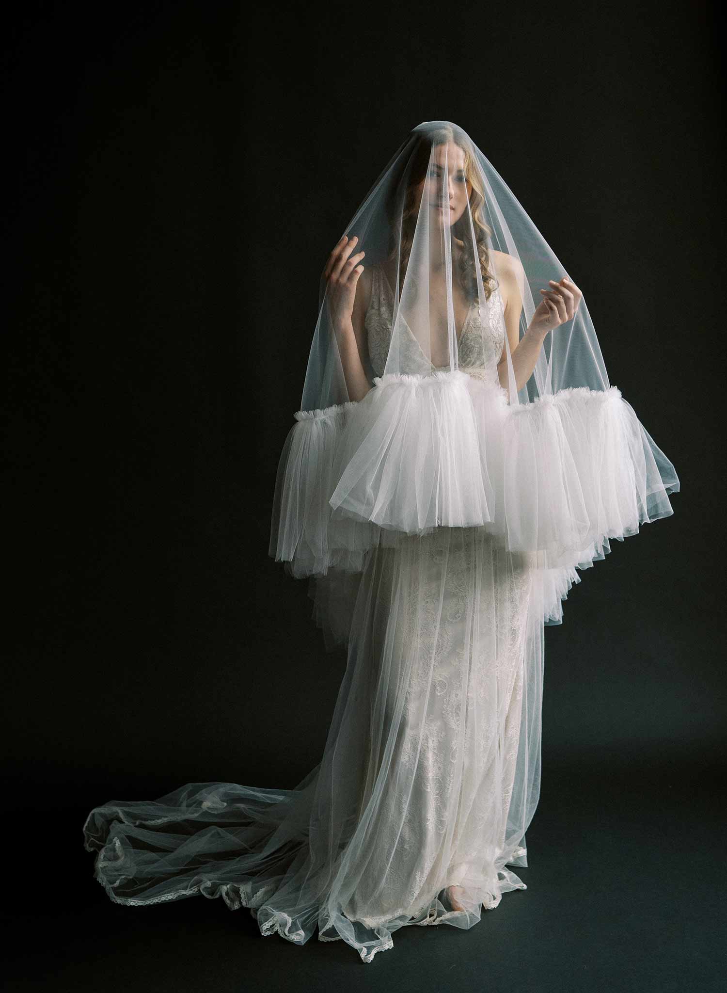 Luxurious, dramatic bridal veil with dense fringe edge, made from tulle and by Twigs and Honey