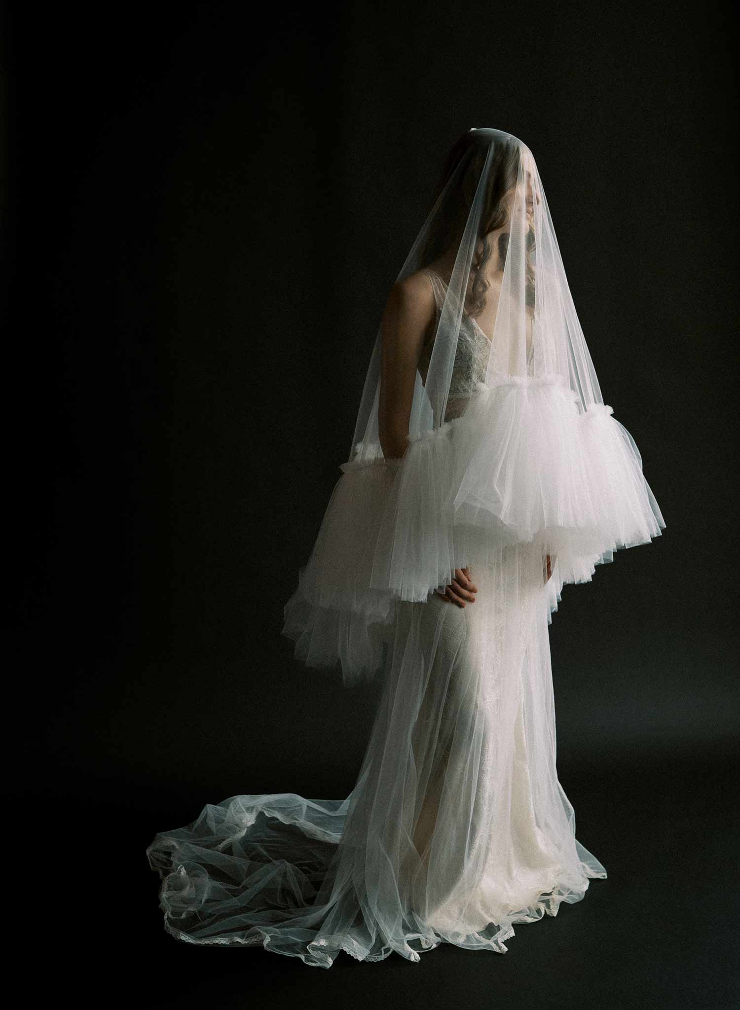 Luxurious, dramatic bridal veil with dense fringe edge, made from tulle and by Twigs and Honey