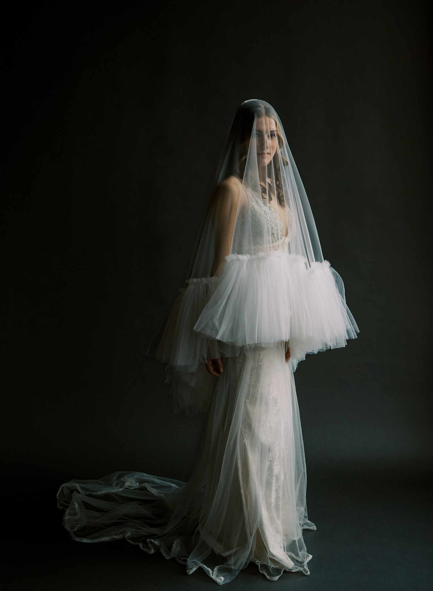 Luxurious, dramatic bridal veil with dense fringe edge, made from tulle and by Twigs and Honey