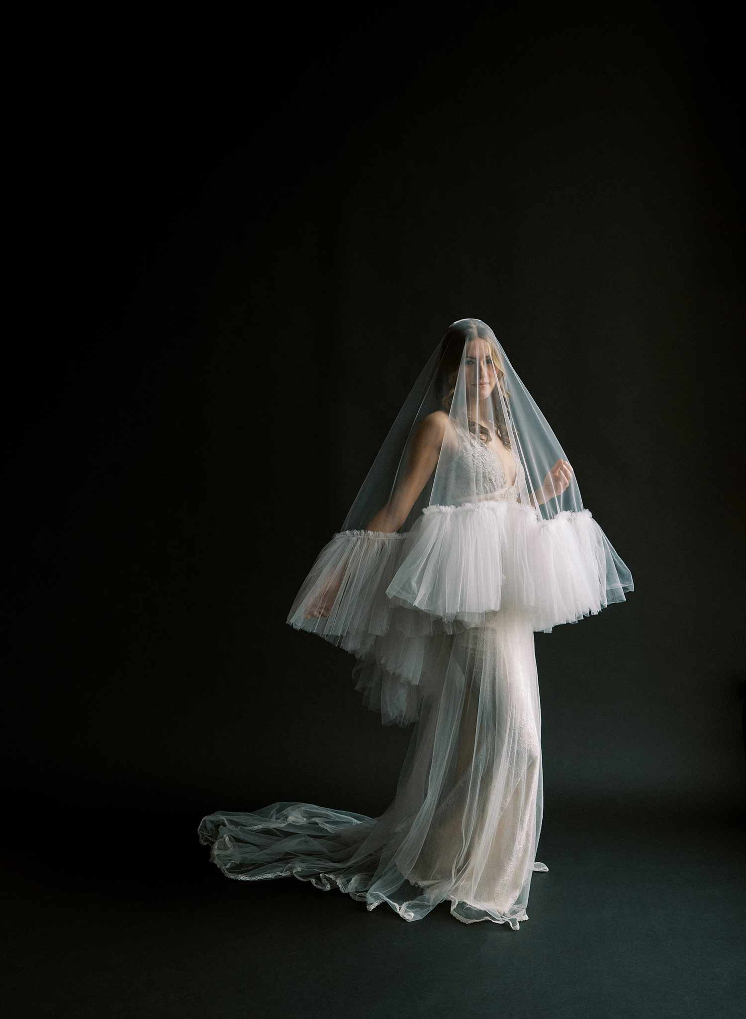 Luxurious, dramatic bridal veil with dense fringe edge, made from tulle and by Twigs and Honey