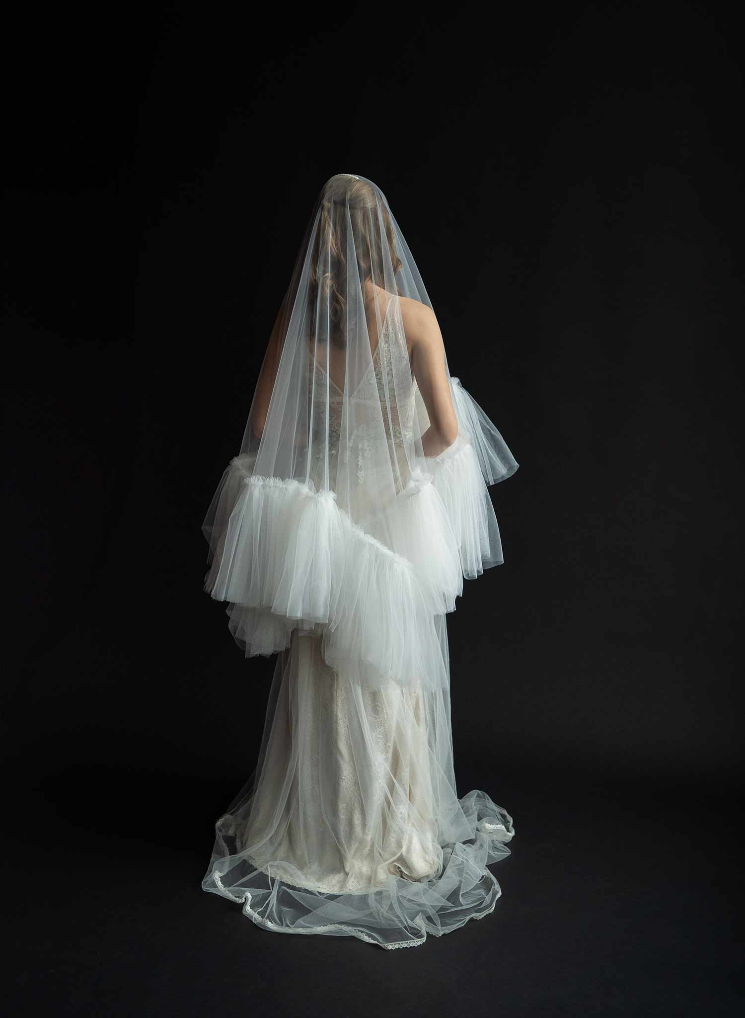 Luxurious, dramatic bridal veil with dense fringe edge, made from tulle and by Twigs and Honey