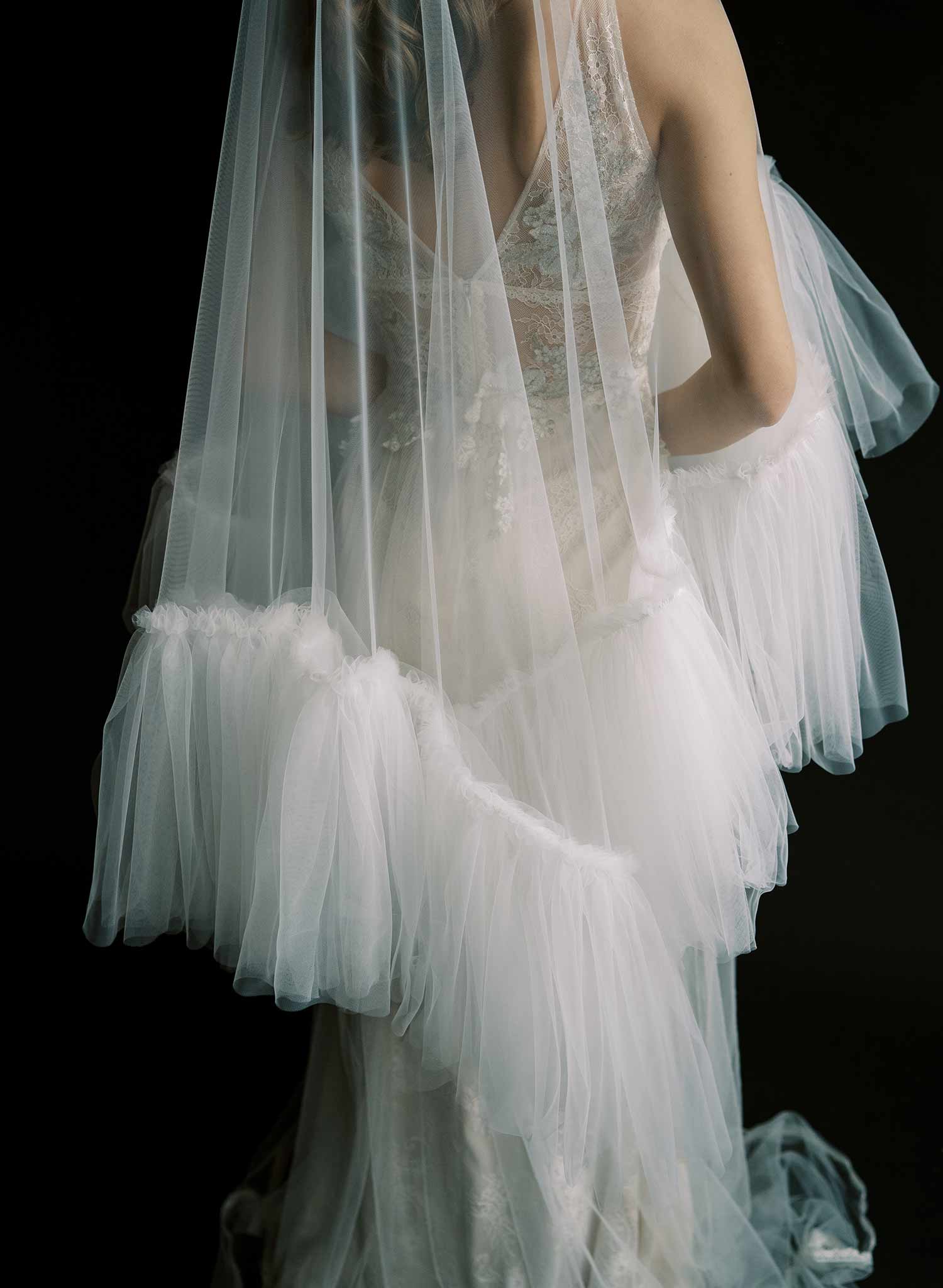 Luxurious, dramatic bridal veil with dense fringe edge, made from tulle and by Twigs and Honey