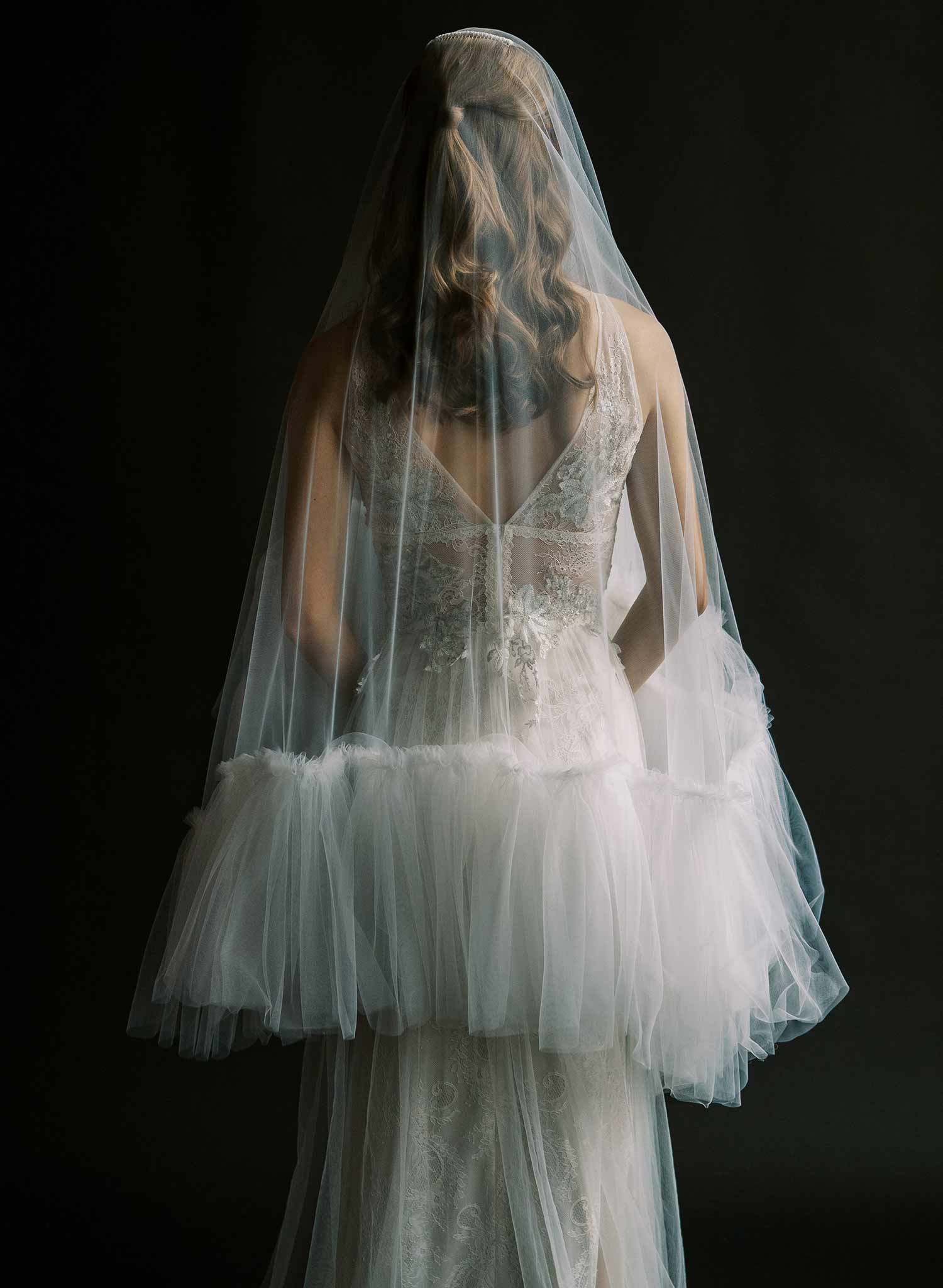 Luxurious, dramatic bridal veil with dense fringe edge, made from tulle and by Twigs and Honey