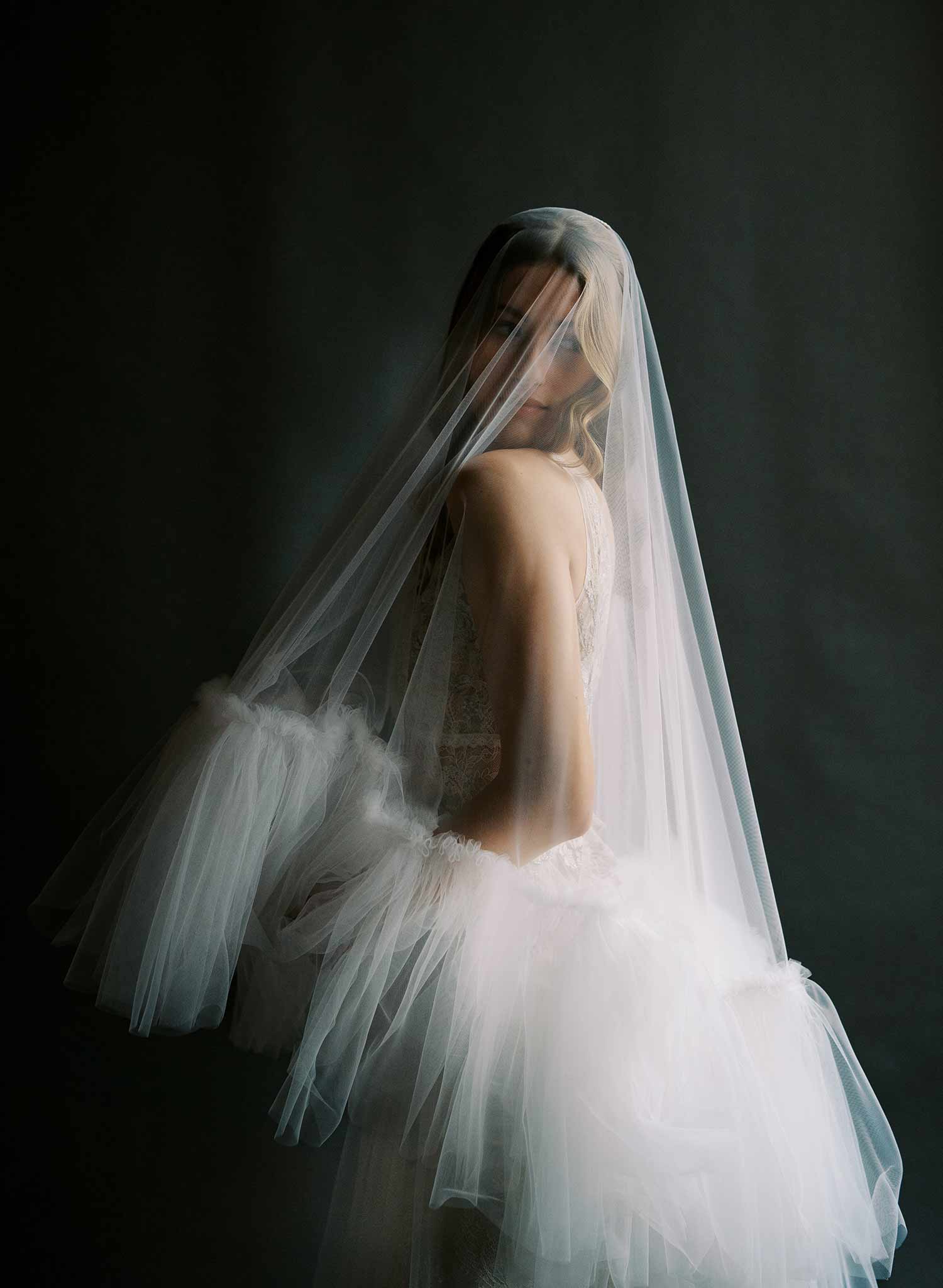 Luxurious, dramatic bridal veil with dense fringe edge, made from tulle and by Twigs and Honey