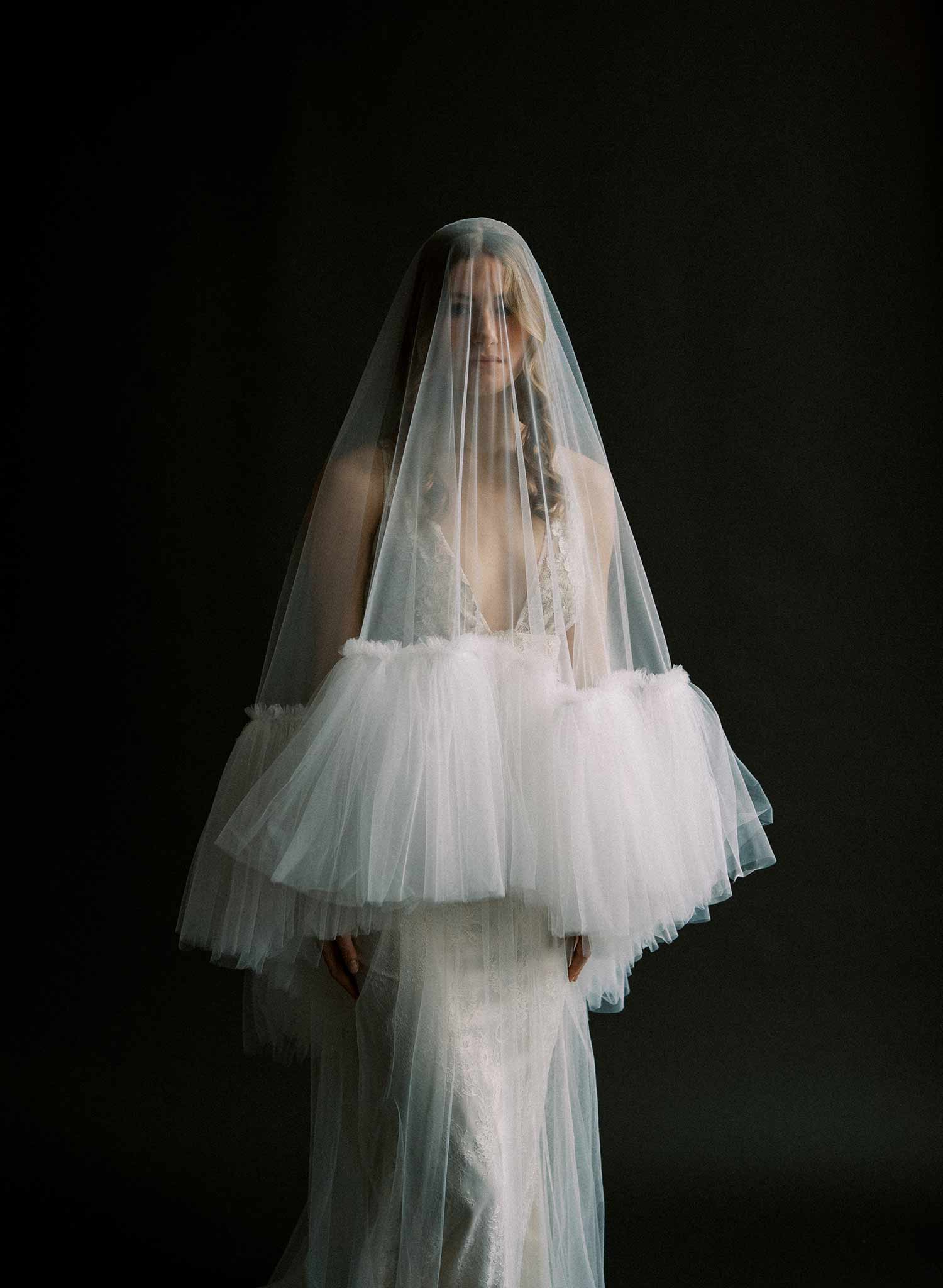 Luxurious, dramatic bridal veil with dense fringe edge, made from tulle and by Twigs and Honey