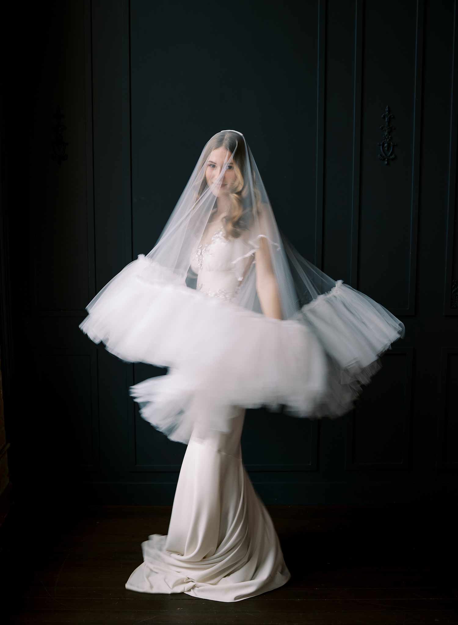 Luxurious, dramatic bridal veil with dense fringe edge, made from tulle and by Twigs and Honey