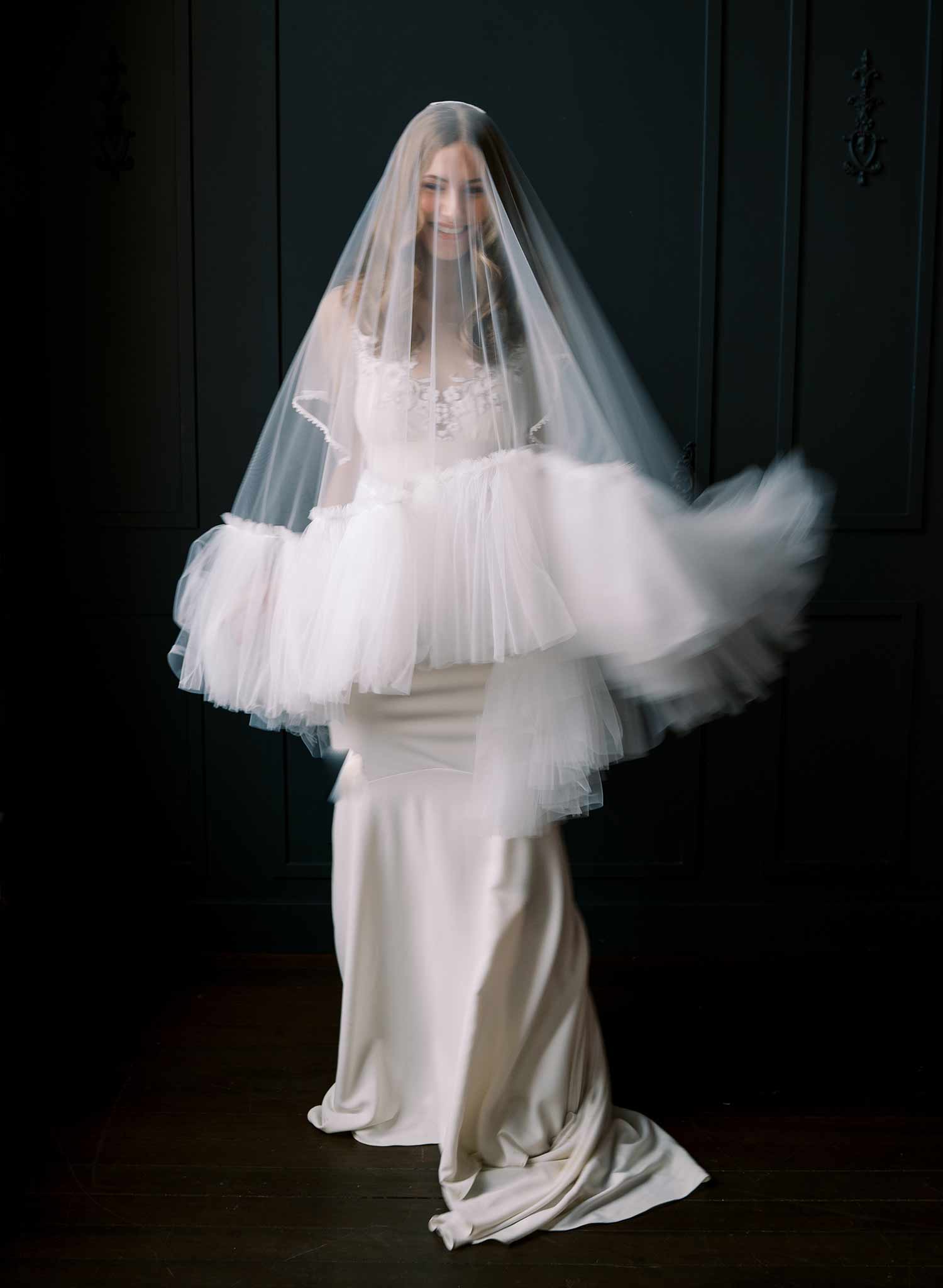 Luxurious, dramatic bridal veil with dense fringe edge, made from tulle and by Twigs and Honey