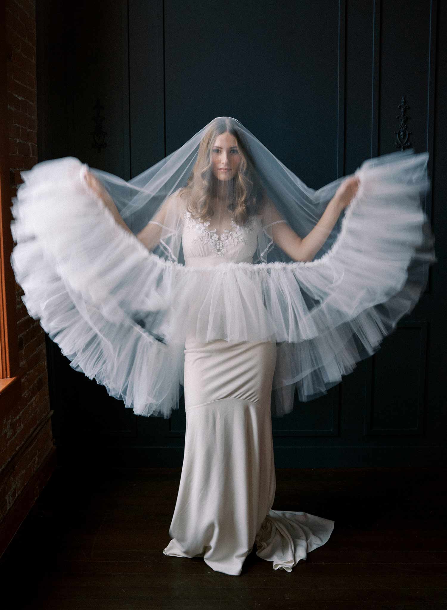 Luxurious, dramatic bridal veil with dense fringe edge, made from tulle and by Twigs and Honey