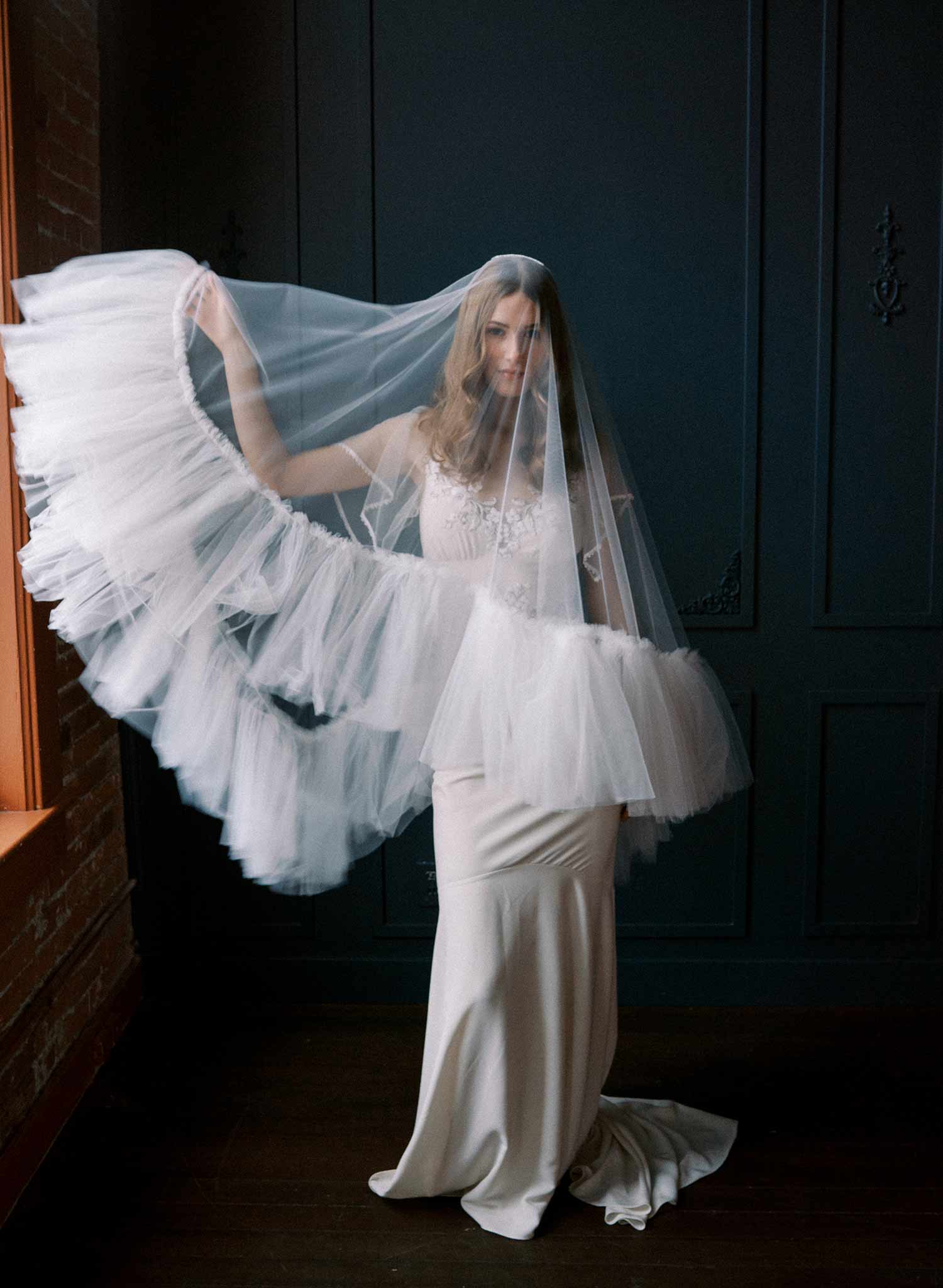 Luxurious, dramatic bridal veil with dense fringe edge, made from tulle and by Twigs and Honey