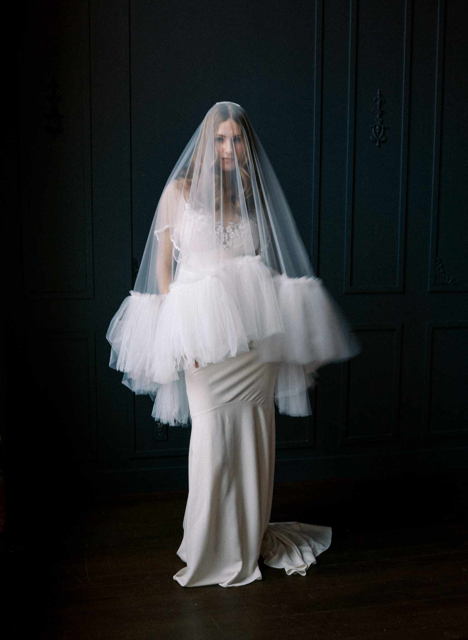 Luxurious, dramatic bridal veil with dense fringe edge, made from tulle and by Twigs and Honey