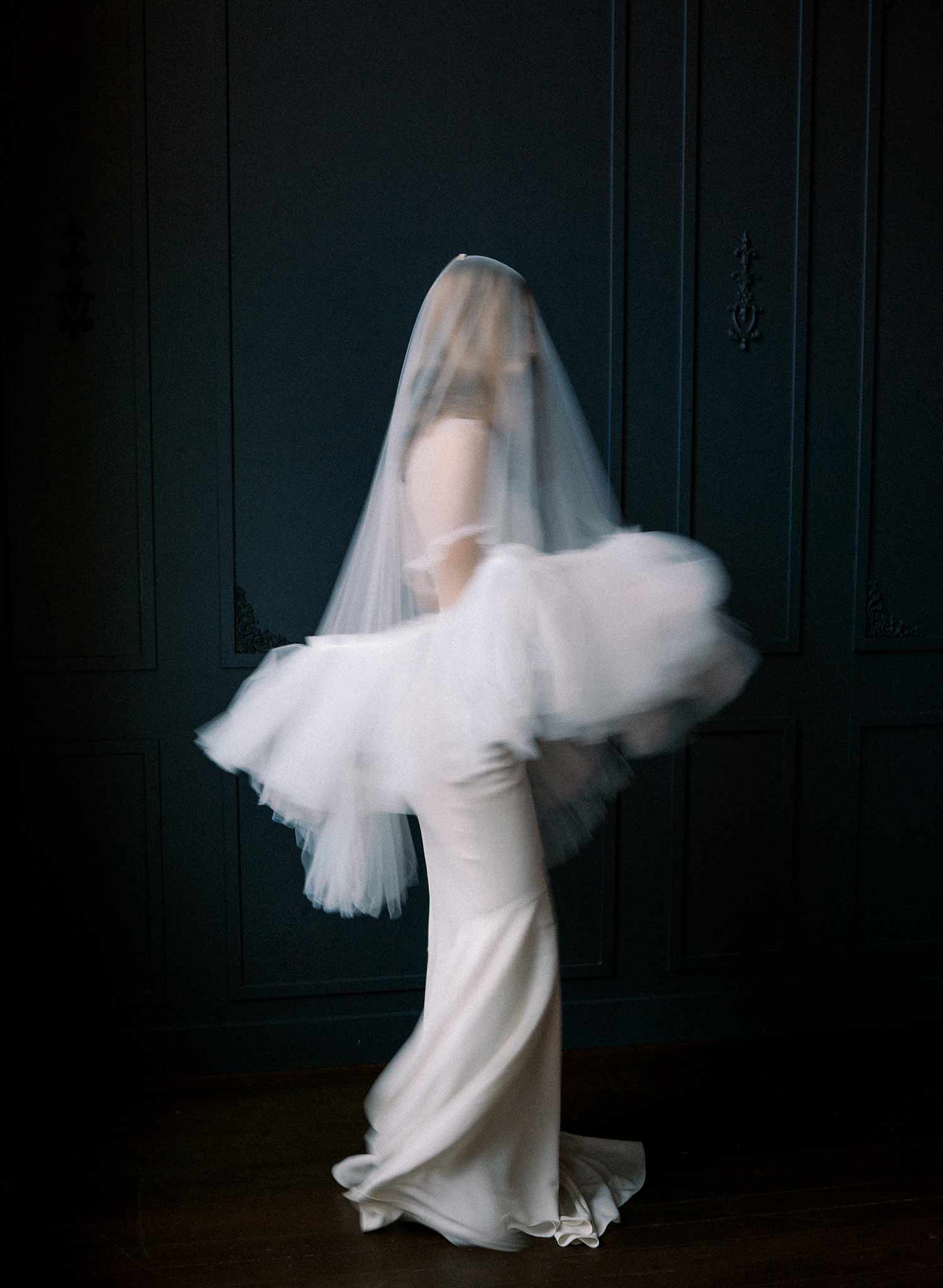 Luxurious, dramatic bridal veil with dense fringe edge, made from tulle and by Twigs and Honey