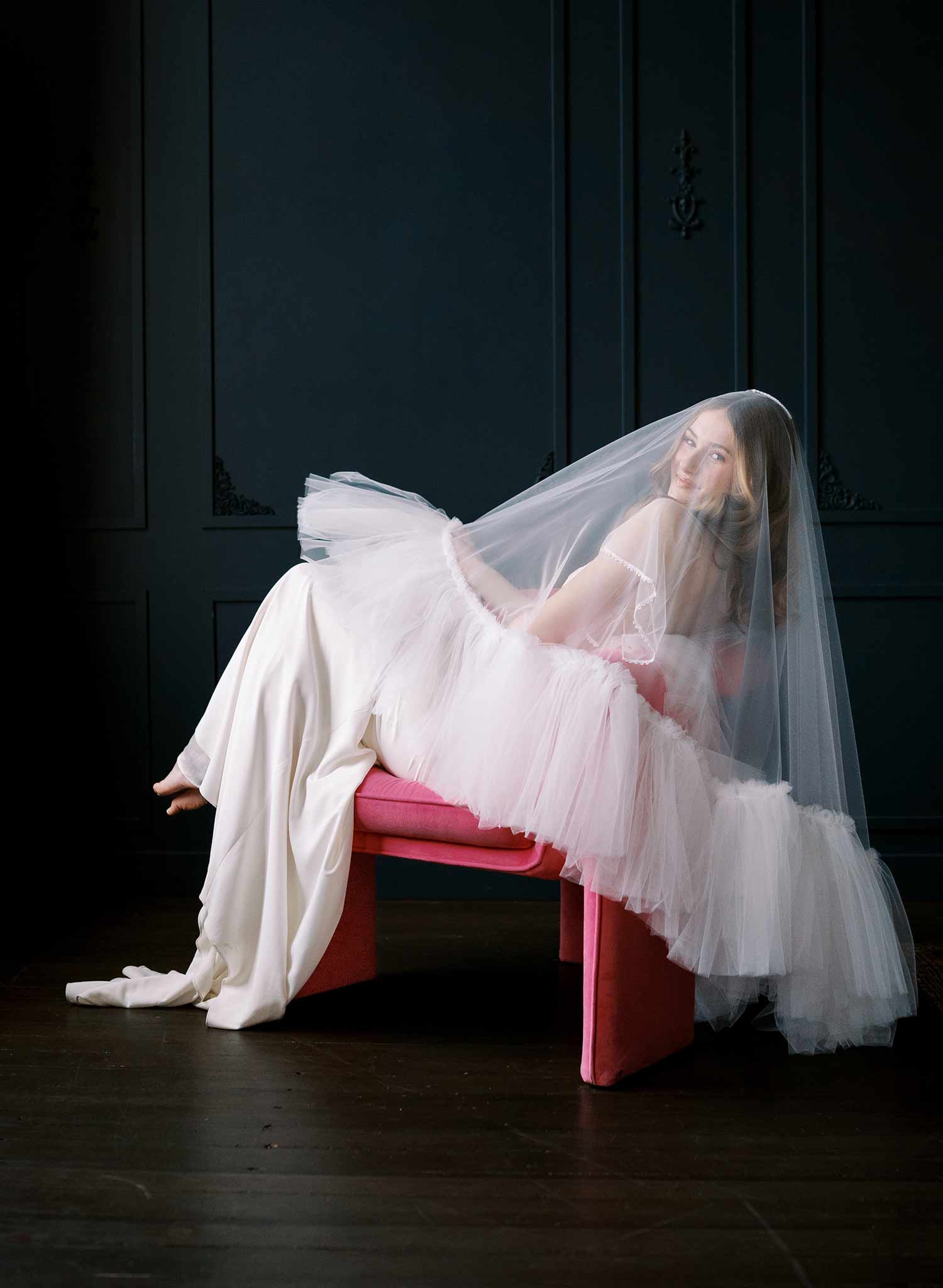 Luxurious, dramatic bridal veil with dense fringe edge, made from tulle and by Twigs and Honey