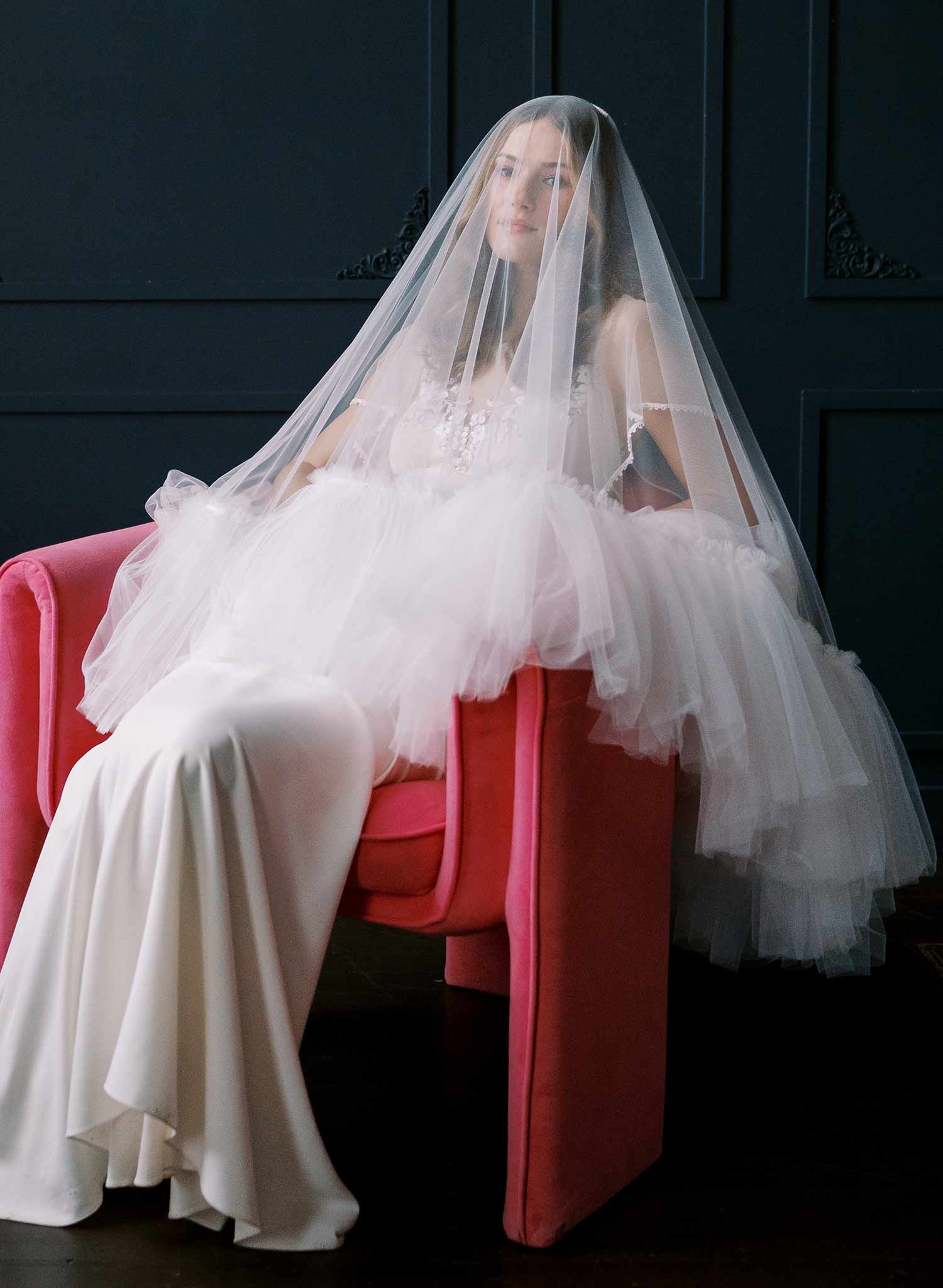 Luxurious, dramatic bridal veil with dense fringe edge, made from tulle and by Twigs and Honey