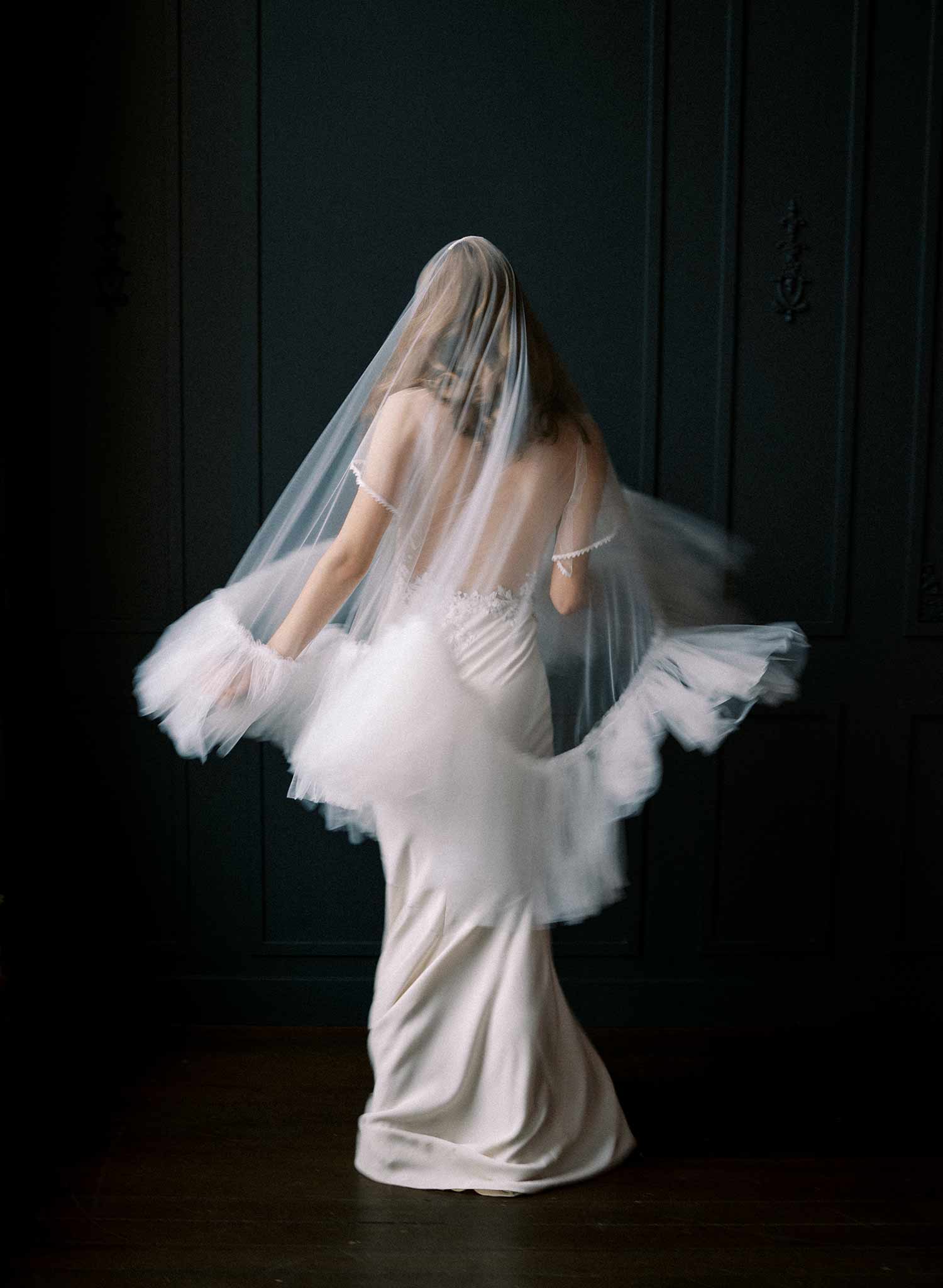 Luxurious, dramatic bridal veil with dense fringe edge, made from tulle and by Twigs and Honey