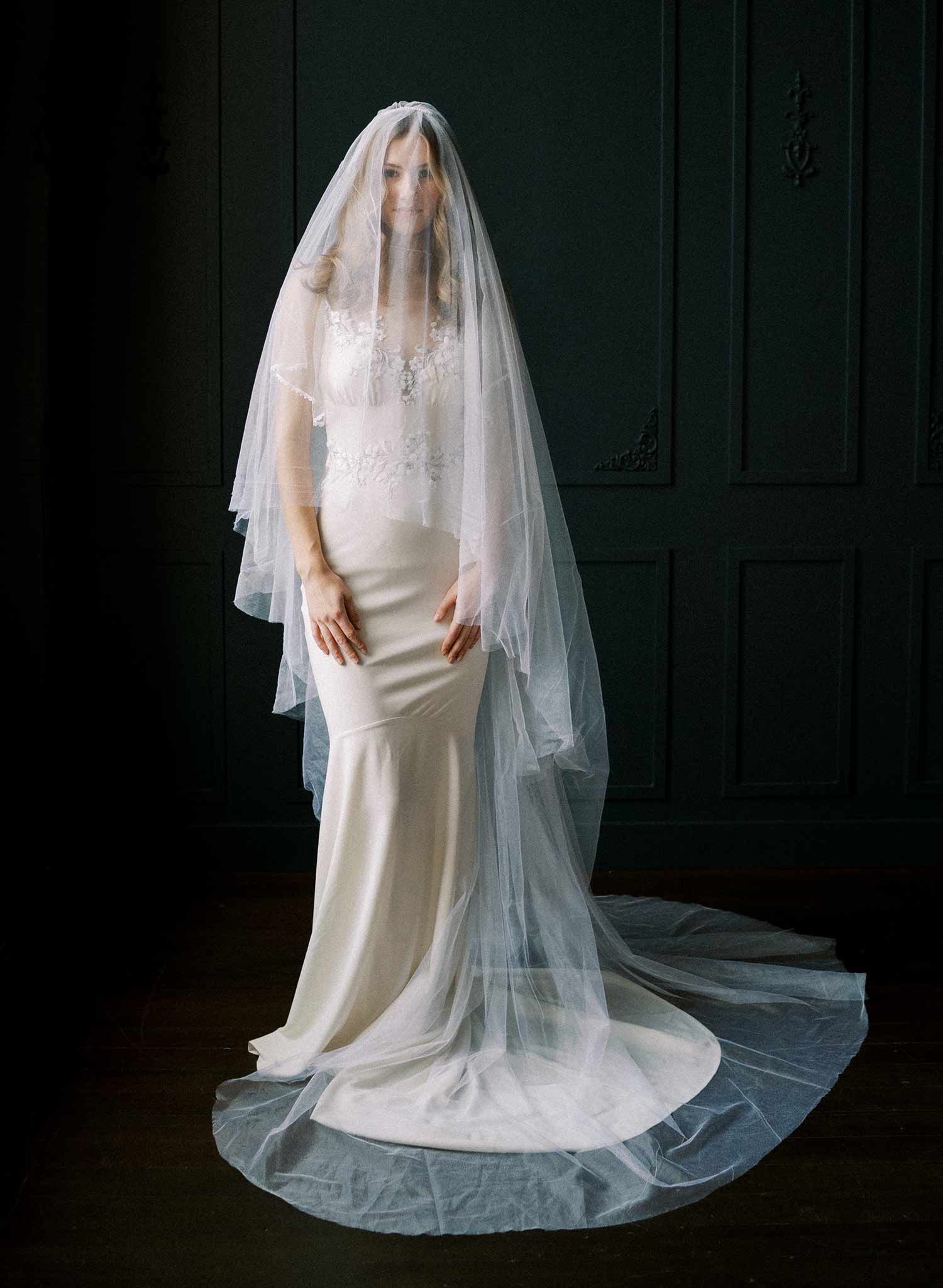 Luxurious wedding veil with blusher and chapel length train made from silk tulle