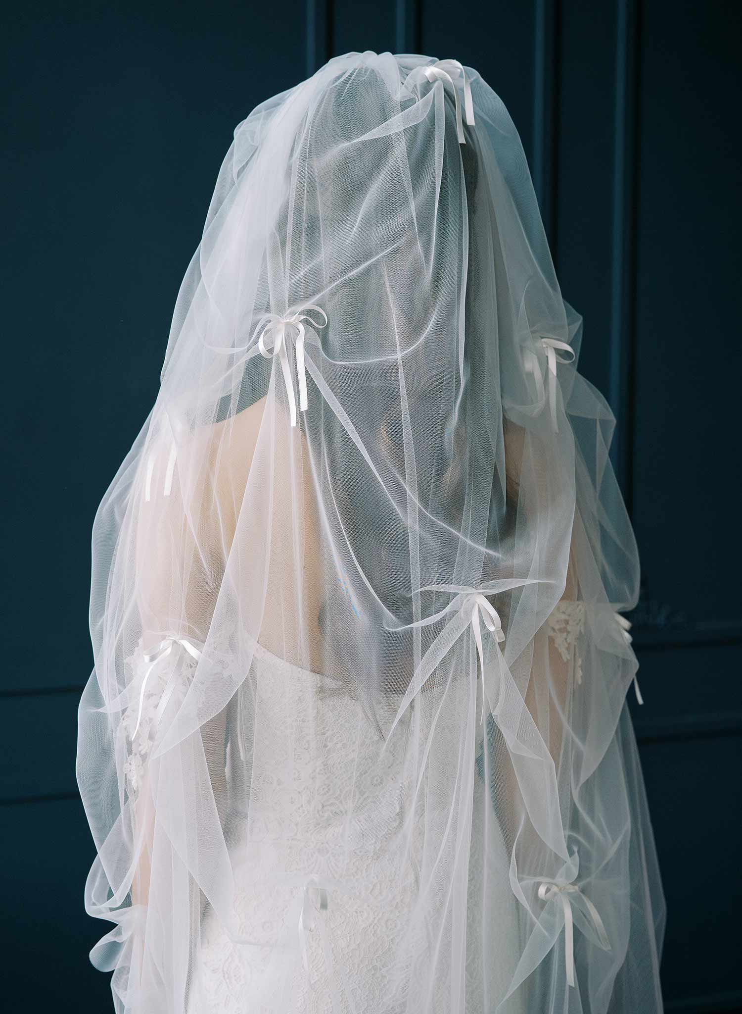 Gathered and ruched bridal tulle veil with silk bows. Victorian era inspired. 