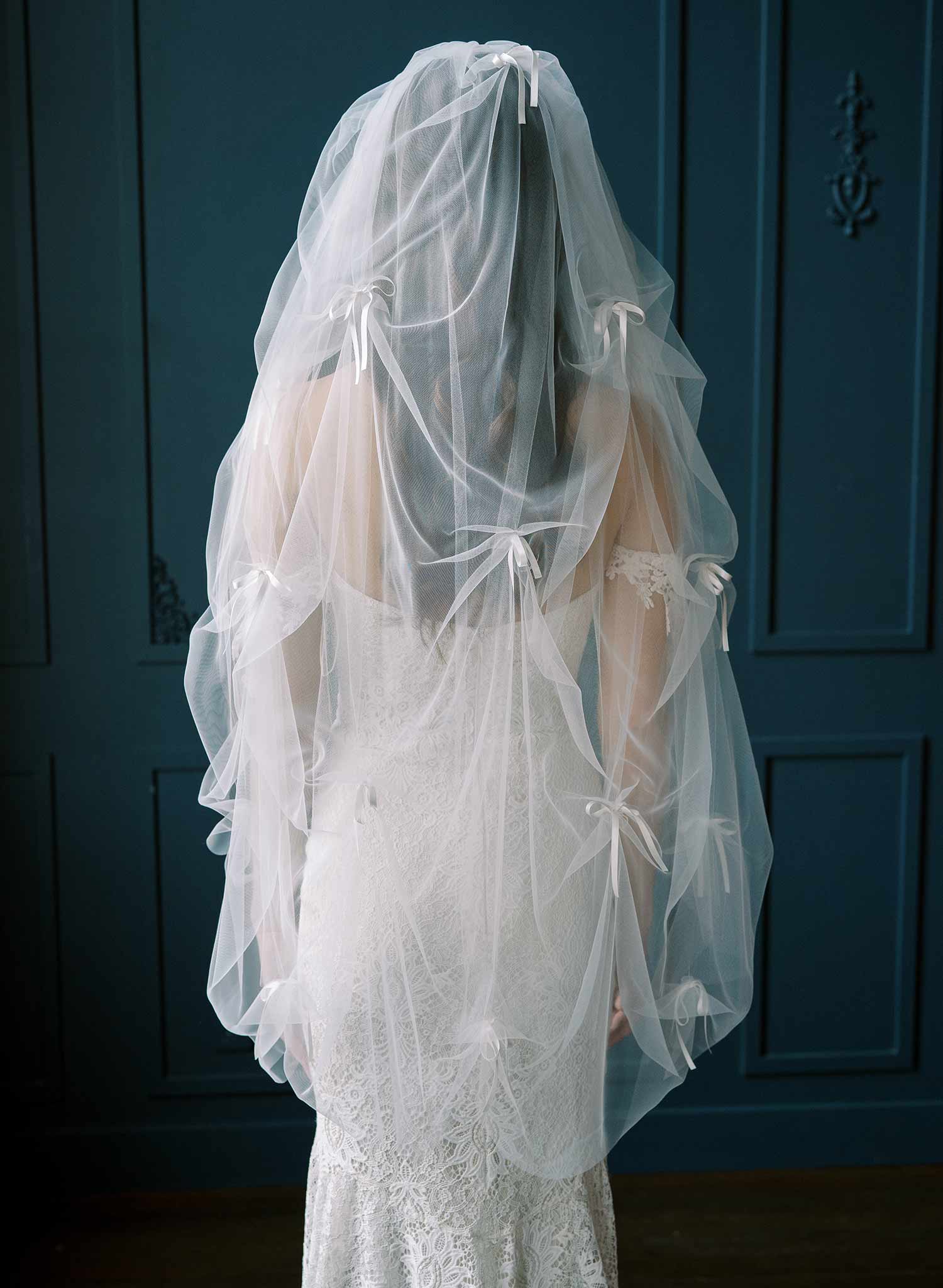 Gathered and ruched bridal tulle veil with silk bows. Victorian era inspired. 