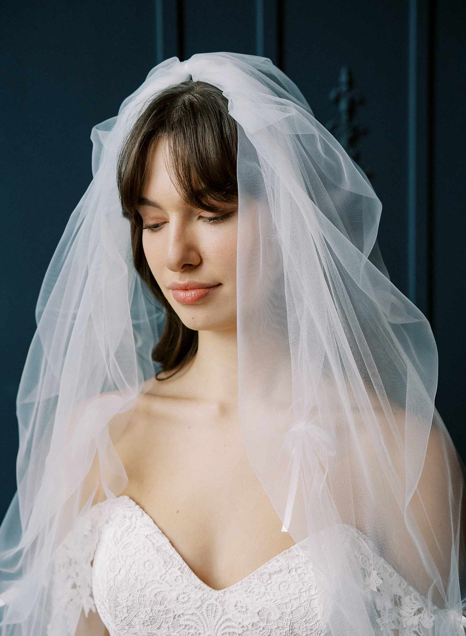 Gathered and ruched bridal tulle veil with silk bows. Victorian era inspired. 