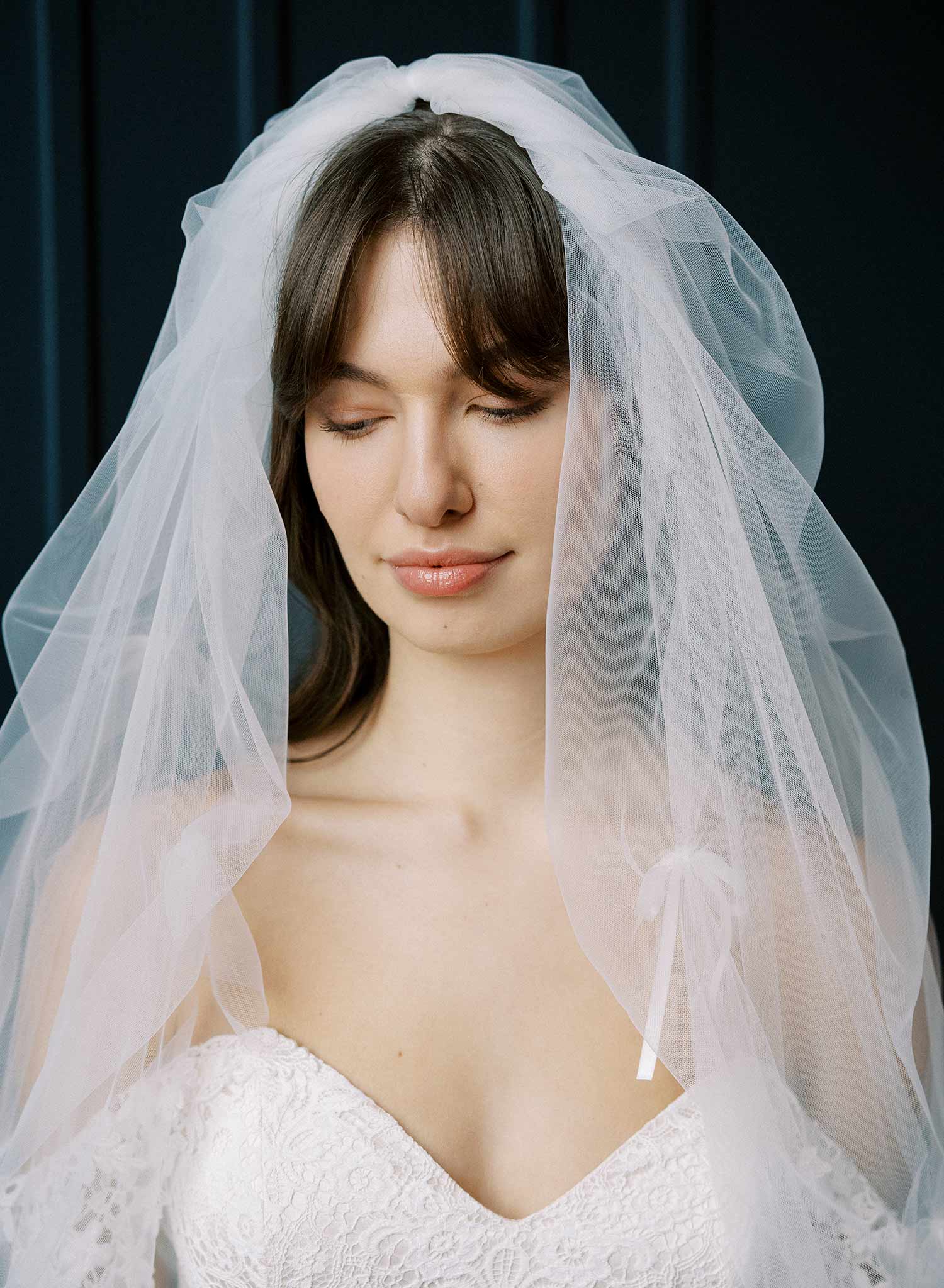 Gathered and ruched bridal tulle veil with silk bows. Victorian era inspired. 