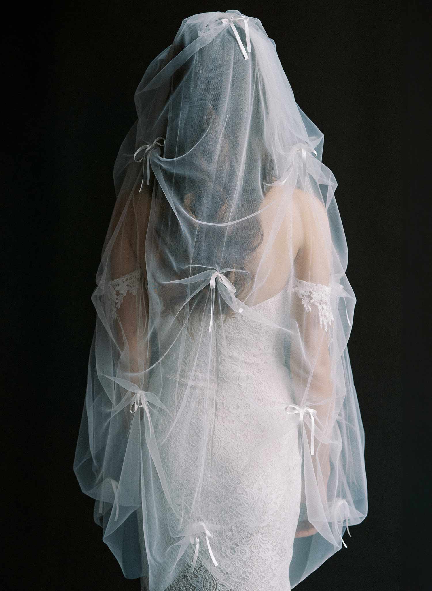 Gathered and ruched bridal tulle veil with silk bows. Victorian era inspired. 