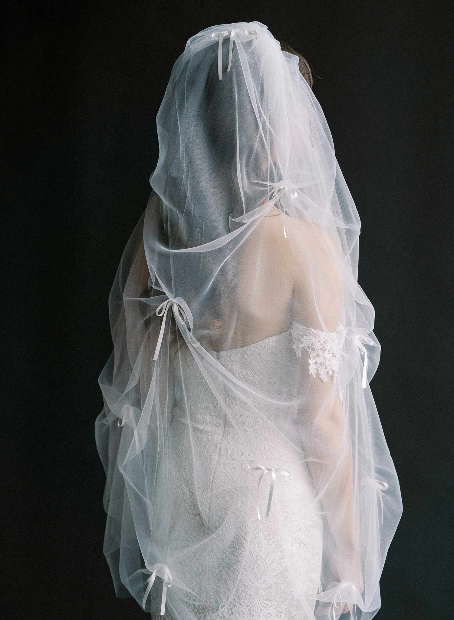 Gathered and ruched bridal tulle veil with silk bows. Victorian era inspired. 