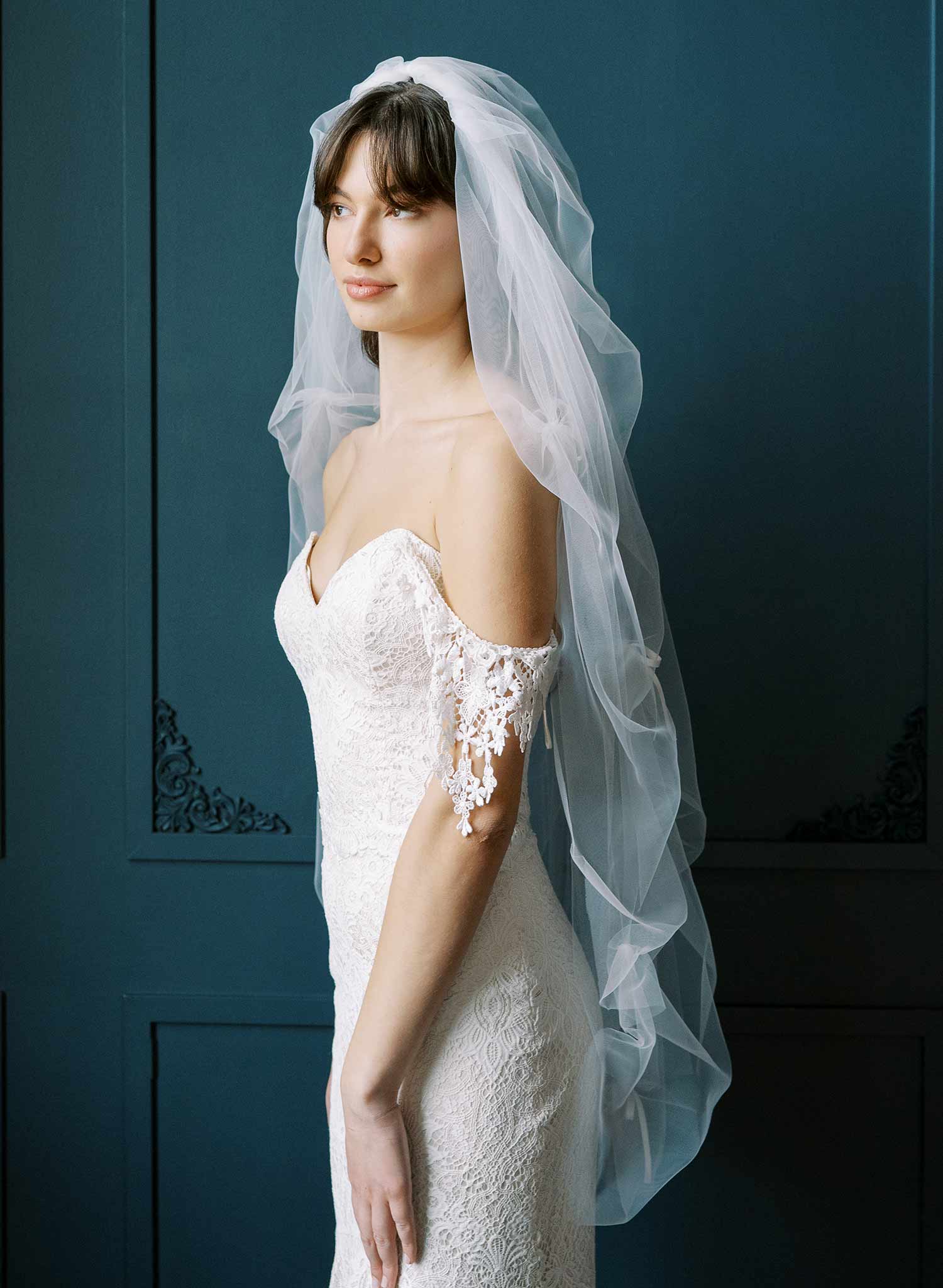 Gathered and ruched bridal tulle veil with silk bows. Victorian era inspired. 