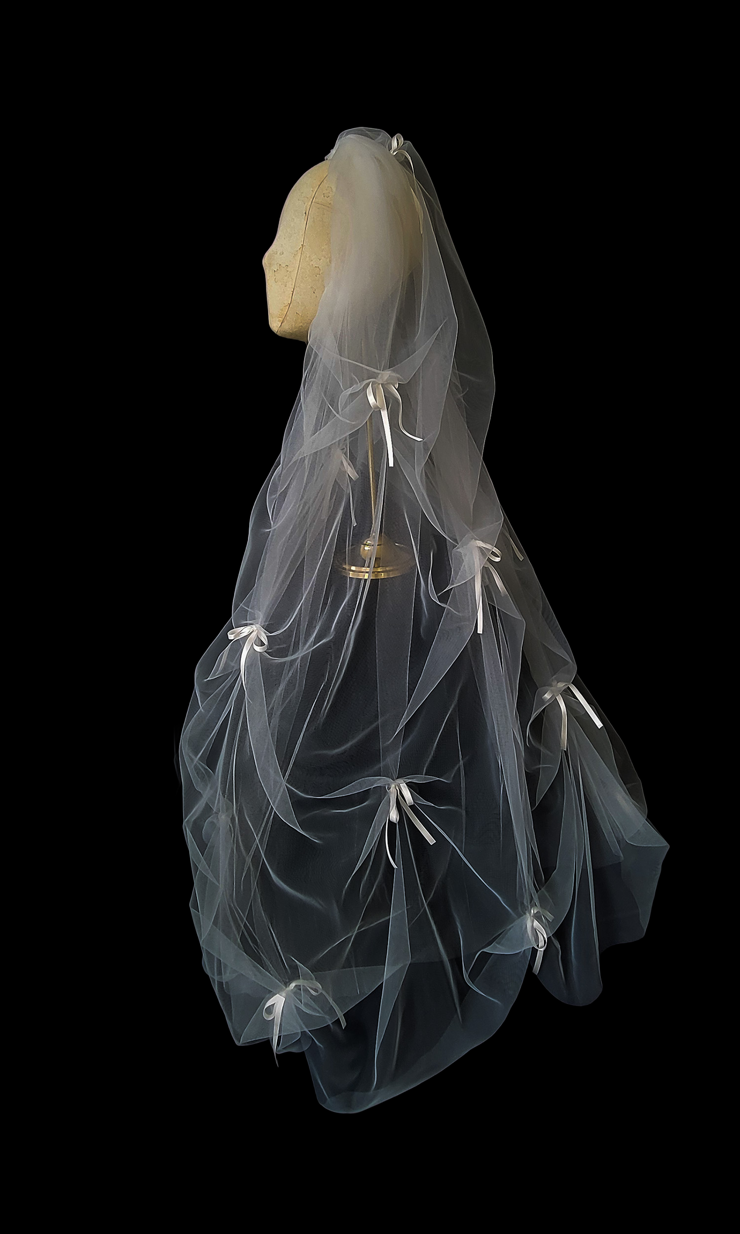 Gathered and ruched bridal tulle veil with silk bows. Victorian era inspired. 